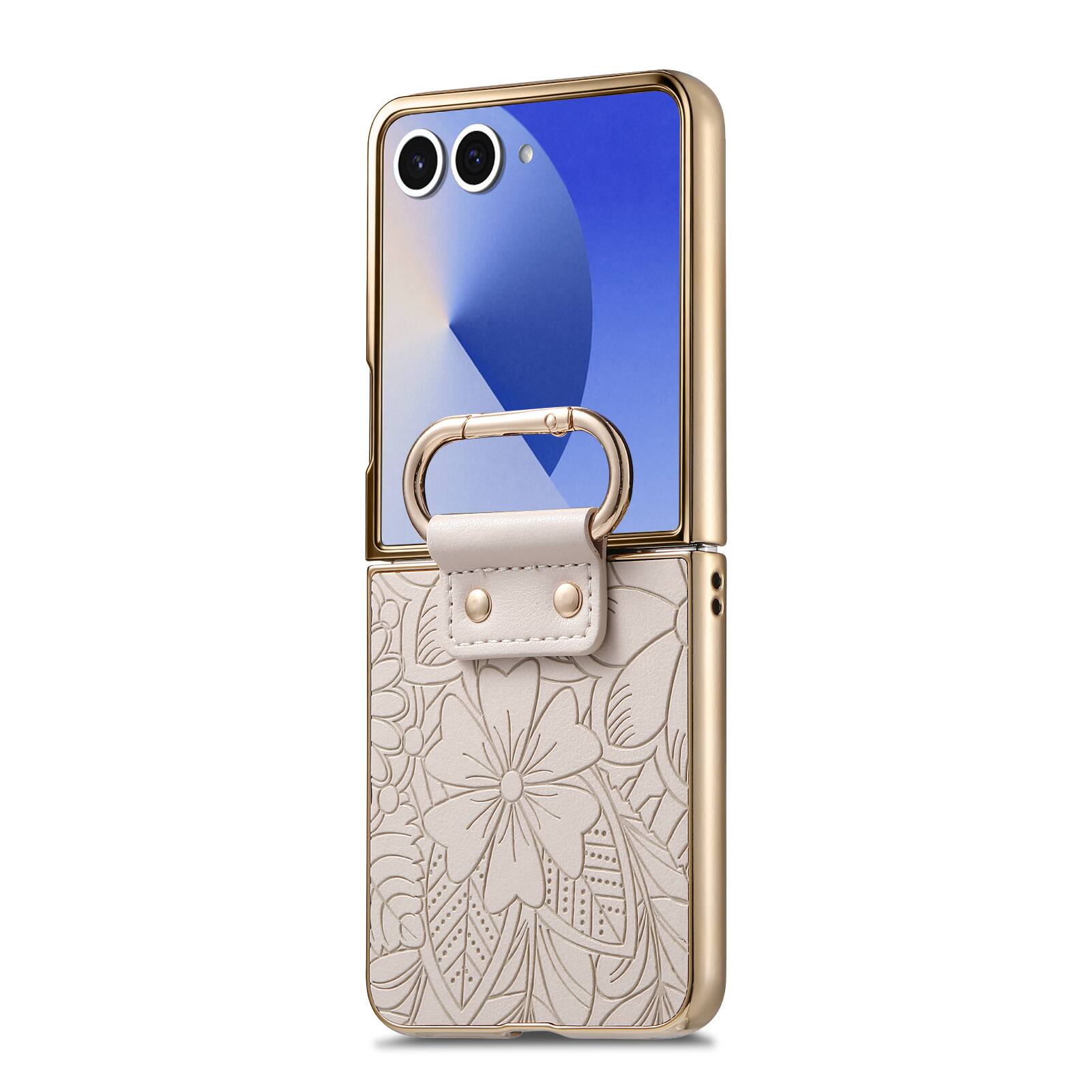 Alt View 1. Dteck - Shockproof Floral Leather Texture Case for Samsung Galaxy Z Flip8, Electroplated Rigid Plastic Cover with Ring Holder - Beige.