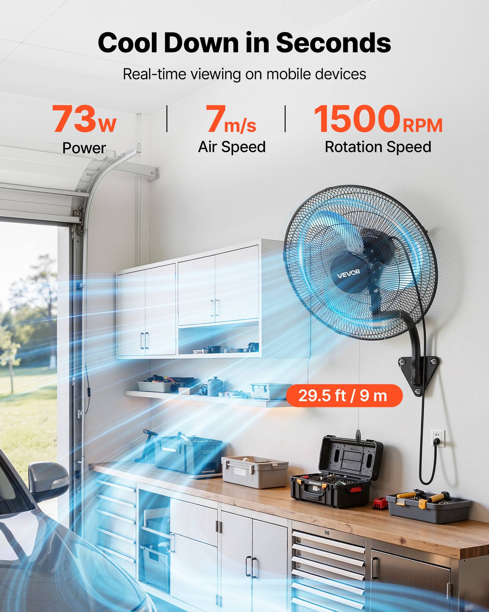 Cool Down in Seconds  
Real-time viewing on mobile devices  
73w Power  
7 m/s Air Speed  
1500 RPM Rotation Speed  
29.5 ft / 9 m