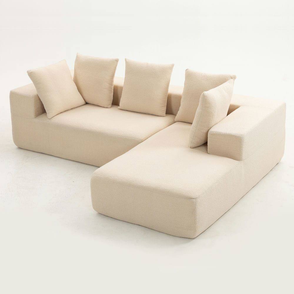Back. Kadyn - Full Foam Compression Modular Sofa with 5 Throw Pillows, Flannelette Fabric, L-Shaped, Ideal for Small Space - Beige.