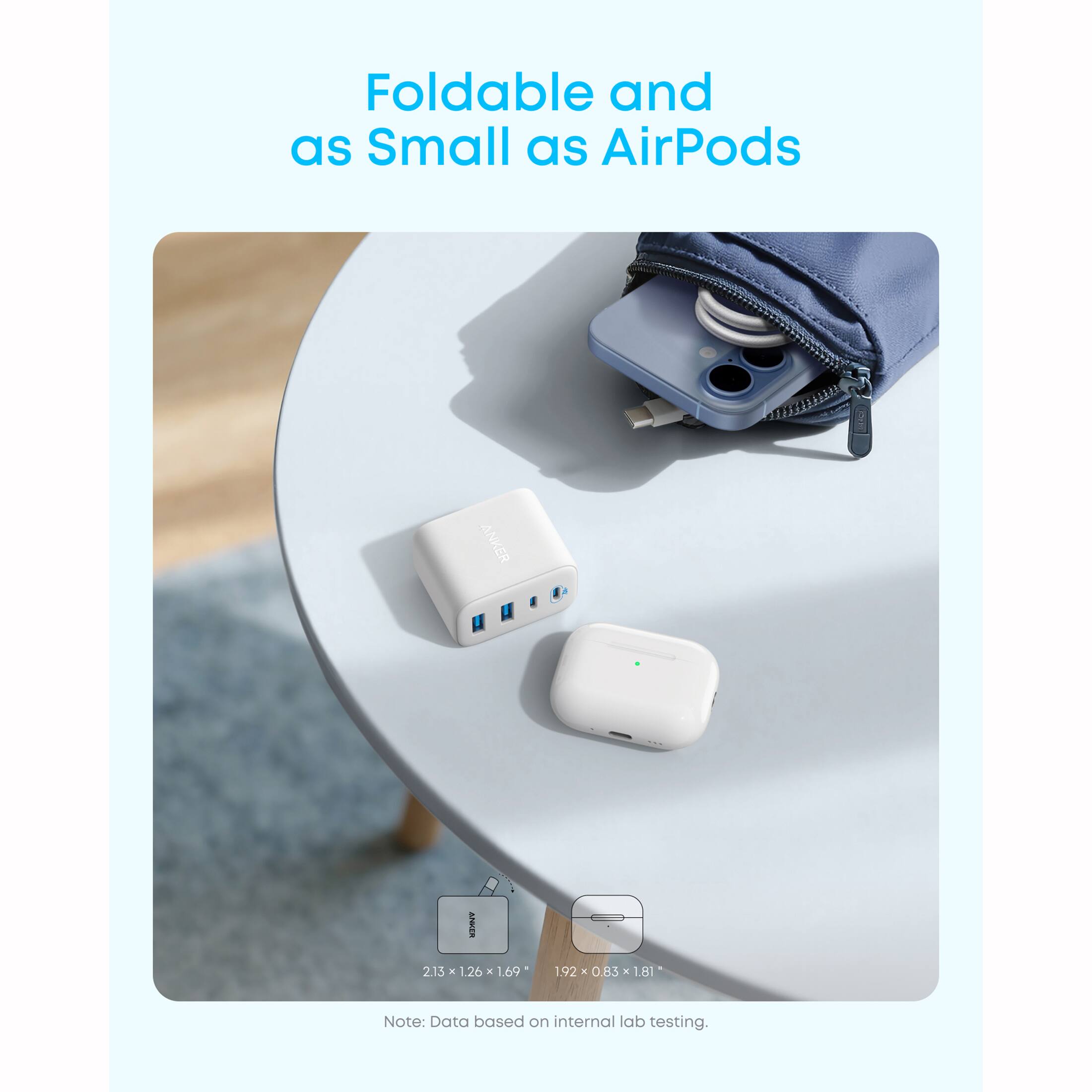 Foldable and as Small as AirPods

ANKER ARER 2.13 x 1.26 x 1.69
1.8 e O.B3
1.81

Note: Data based on internal lab testing.