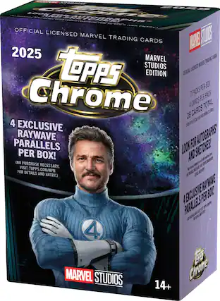 OFFICIAL LICENSED MARVEL TRADING CARDS
2025
Topps Chrome
MARVEL STUDIOS EDITION
4 EXCLUSIVE RAYWAVE PARALLELS PER BOX!
(NO PURCHASE NECESSARY. VISIT TOPPS.COM/NPN FOR DETAILS AND ENTRY.)
7 PACKS PER BOX
4 CARDS PER PACK
28 CARDS TOTAL
LOOK FOR AUTOGRAPHS AND SKETCHES!
MARVEL STUDIOS
14+