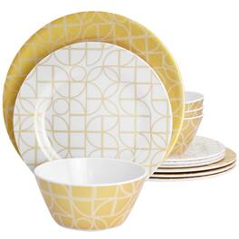 Laurie Gates - California Designs Summer Bloom 12 Piece Melamine Dinnerware Set in Gold - Gold/White