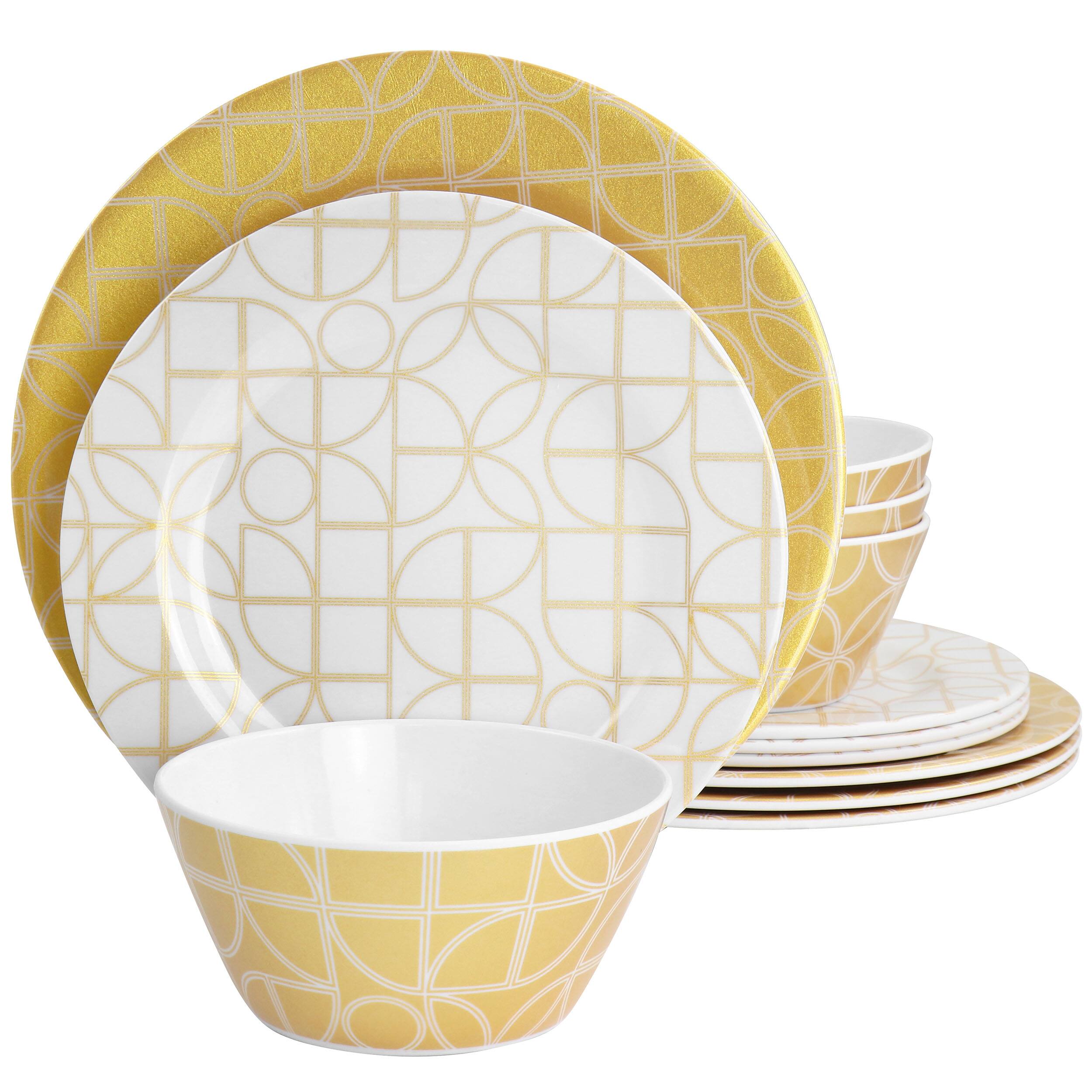 Front. Laurie Gates - Laurie Gates California Designs Summer Bloom 12 Piece Melamine Dinnerware Set in Gold - Gold/White.