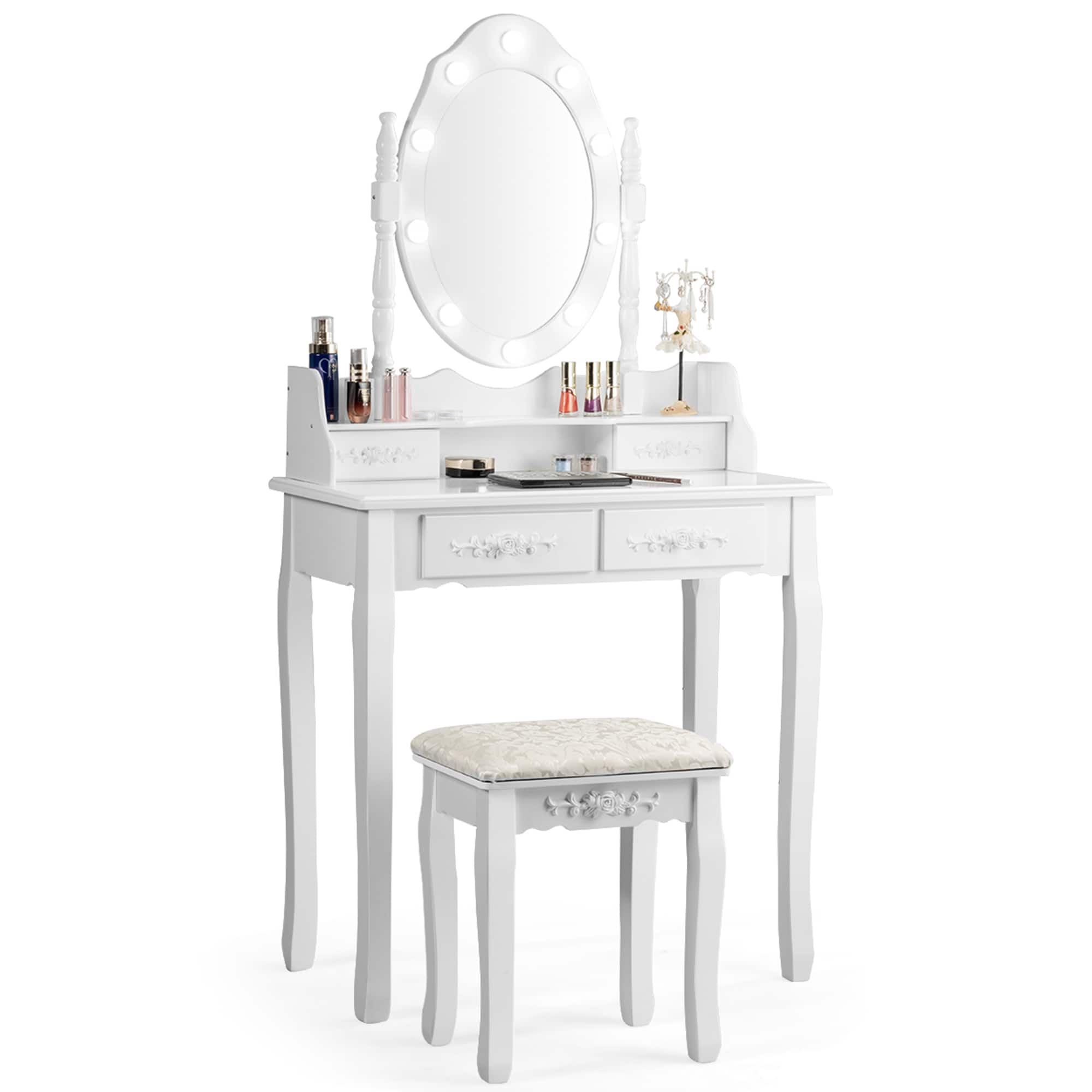 Front. Costway - Costway Makeup Vanity Dressing Table Set w/10 Dimmable Bulbs Cushioned Stool - White.