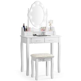 Costway - Makeup Vanity Dressing Table Set w/10 Dimmable Bulbs Cushioned Stool - White