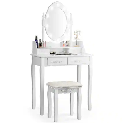 Front. Costway - Costway Makeup Vanity Dressing Table Set w/10 Dimmable Bulbs Cushioned Stool - White.