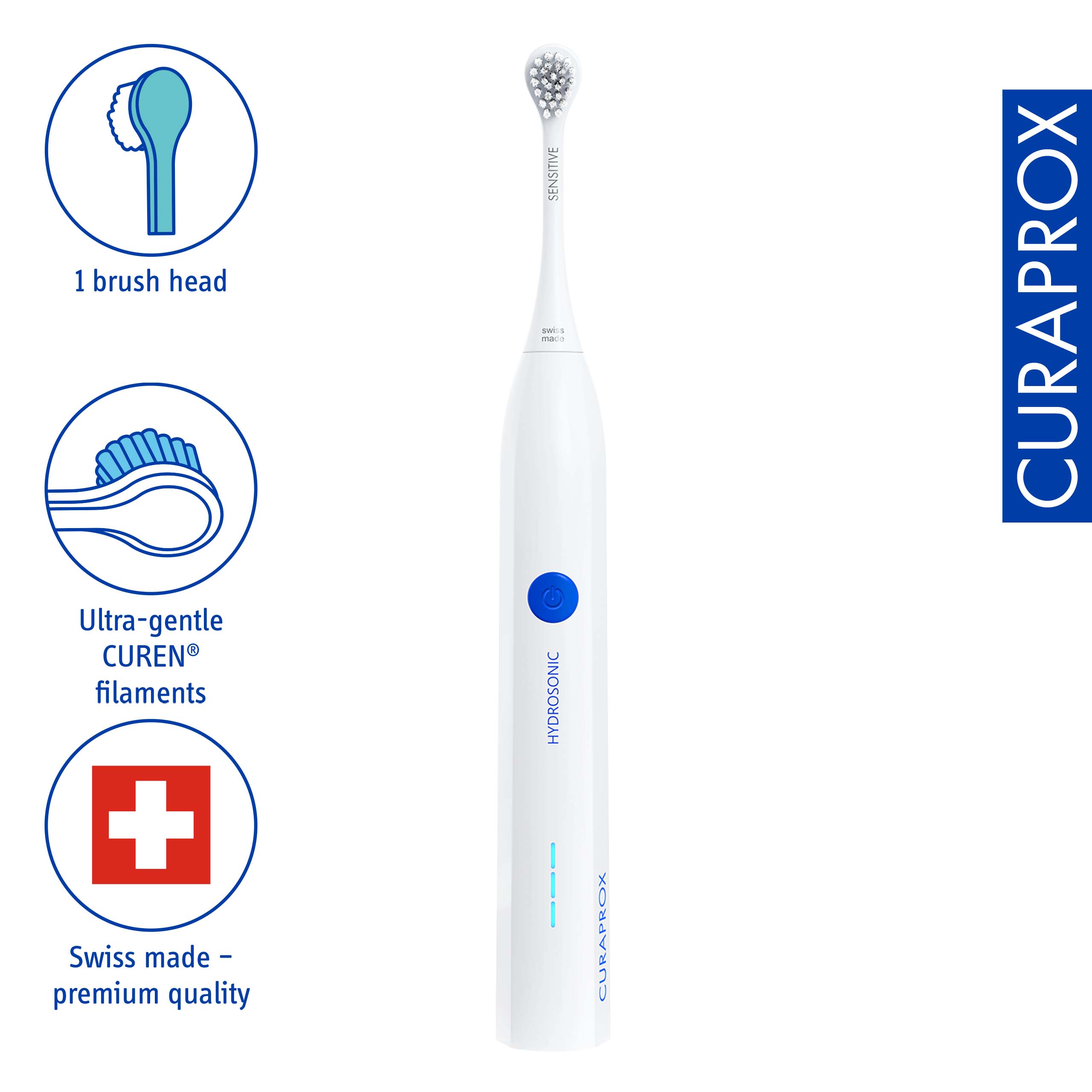 1 brush head, Ultra-gentle CUREN filaments, Swiss made - premium quality, SENSITIVE W - HYDROSONIC CURAPROX, CURAPROX