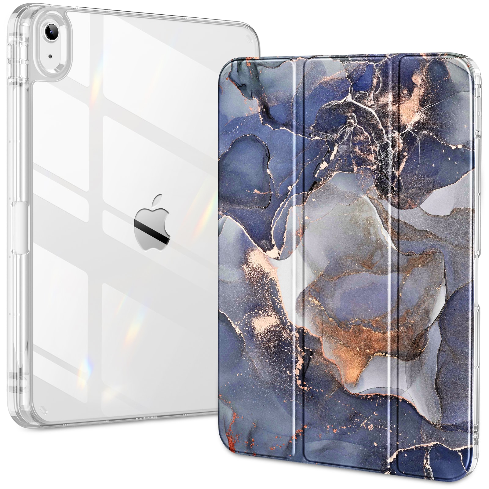 Front. DTTO - Case for iPad (A16)/10th Gen (2025/2022), clear hard back, soft TPU frame, slim trifold stand,  auto wake/sleep - Dusk Marble.