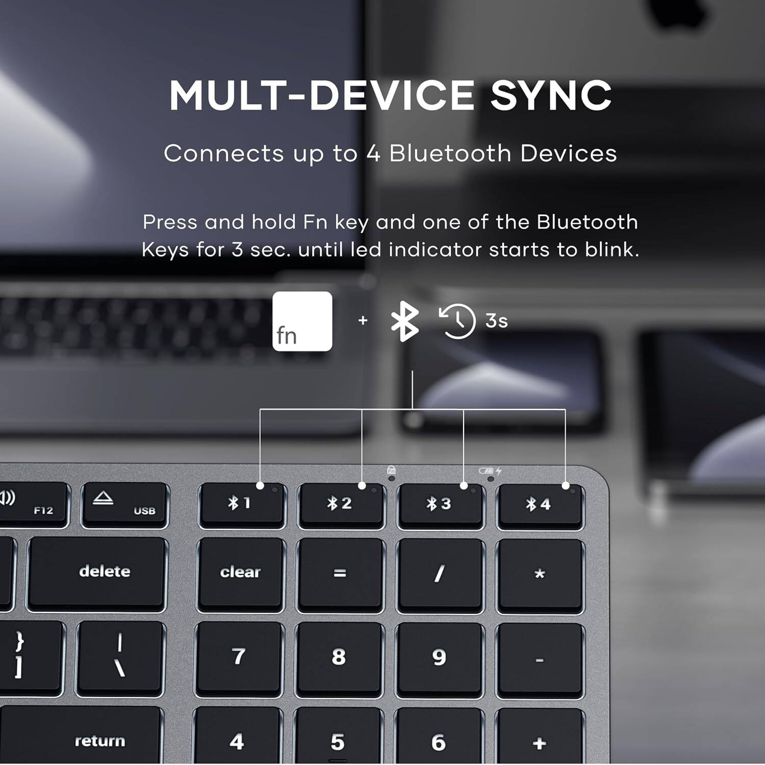 MULT-DEVICE SYNC  
Connects up to 4 Bluetooth Devices  
Press and hold Fn key and one of the Bluetooth Keys for 3 sec. until led indicator starts to blink.  

fn + * 3s  

1) F12 USB  
2 *3  
3 delete clear = / * } ] I / 7 8 9 - return  
4 5 6 +
