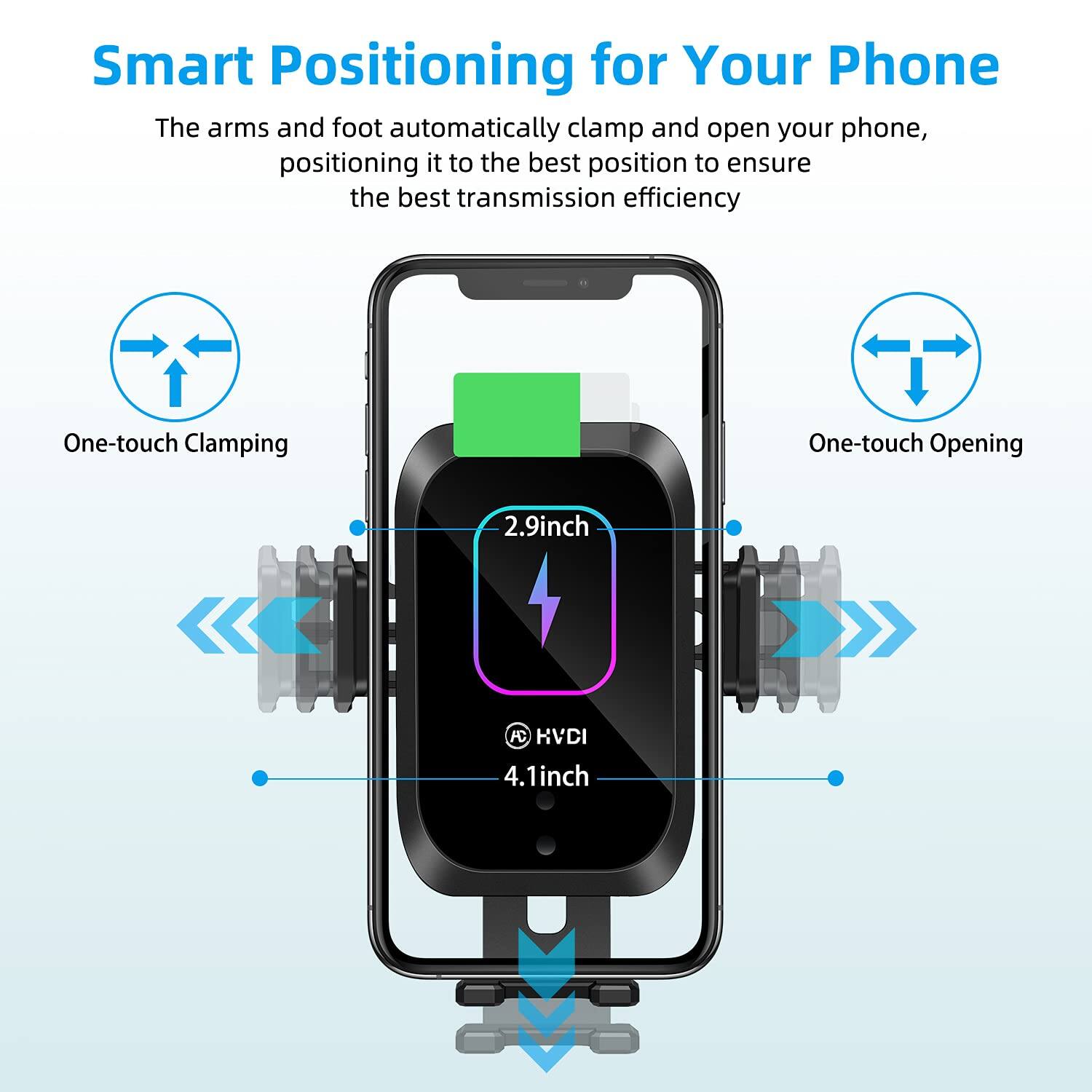 Smart Positioning for Your Phone

The arms and foot automatically clamp and open your phone, positioning it to the best position to ensure the best transmission efficiency

One-touch Clamping

One-touch Opening

2.9inch

4.1inch

FC KVCI

EVS