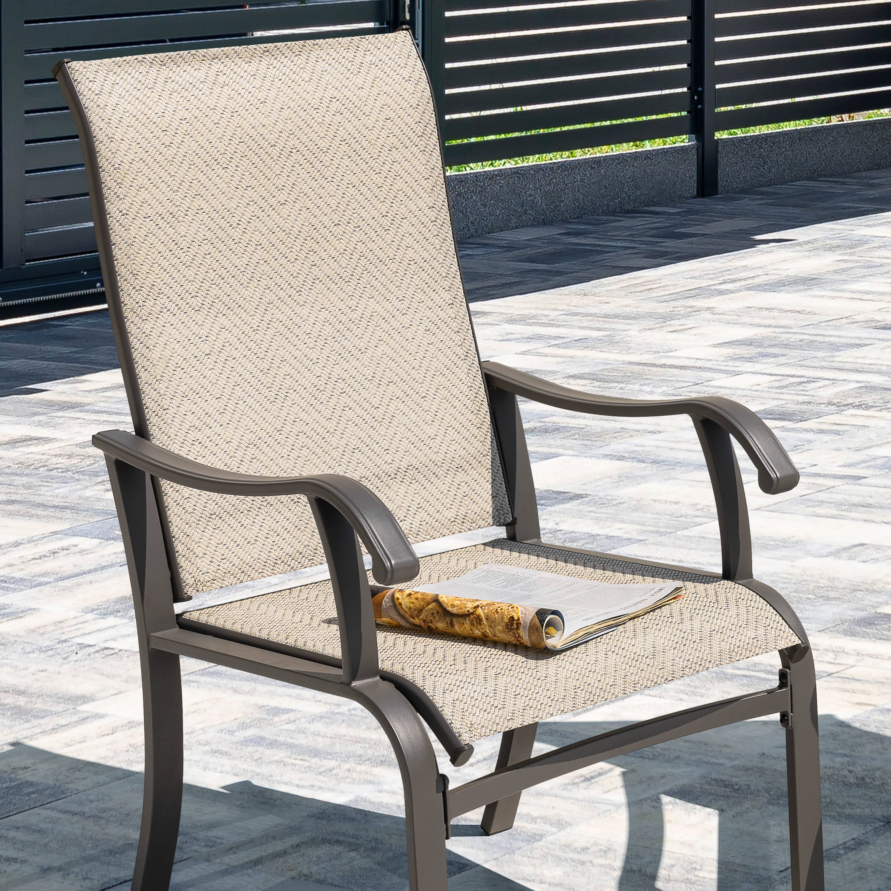 Angle. Nuu Garden - Outdoor 2-Piece Textilene Dining Chairs with Ergonomic Design - chair seat-beige; chair frame-gray.
