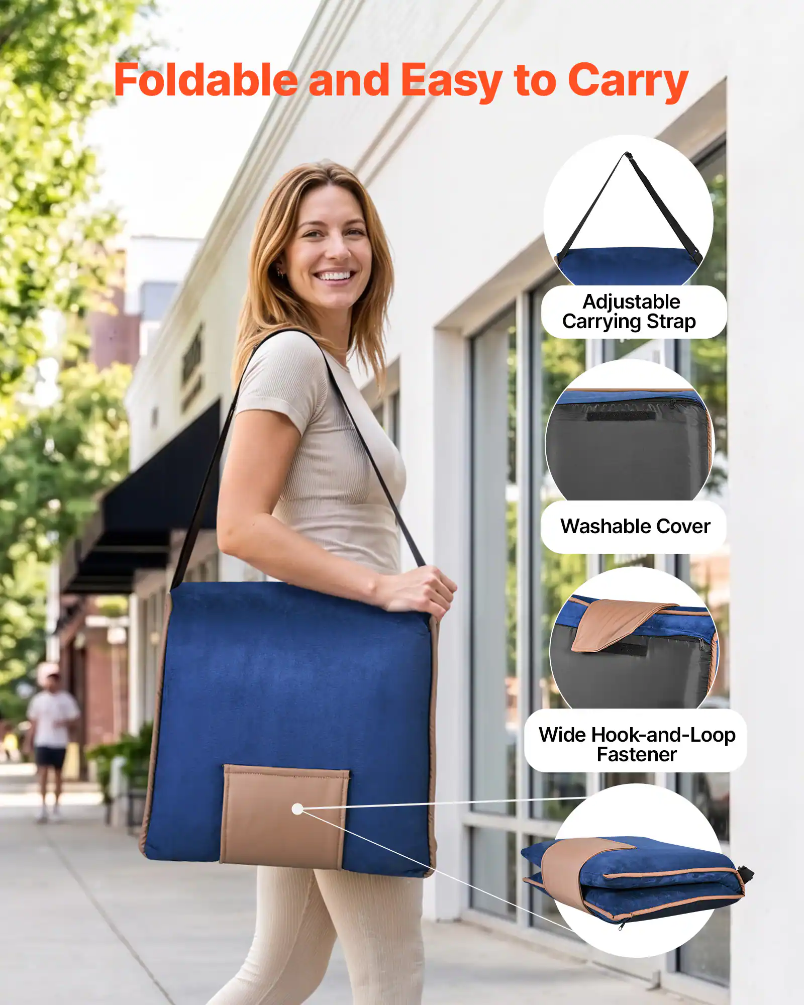 Foldable and Easy to Carry  
Adjustable Carrying Strap  
Washable Cover  
Wide Hook-and-Loop Fastener