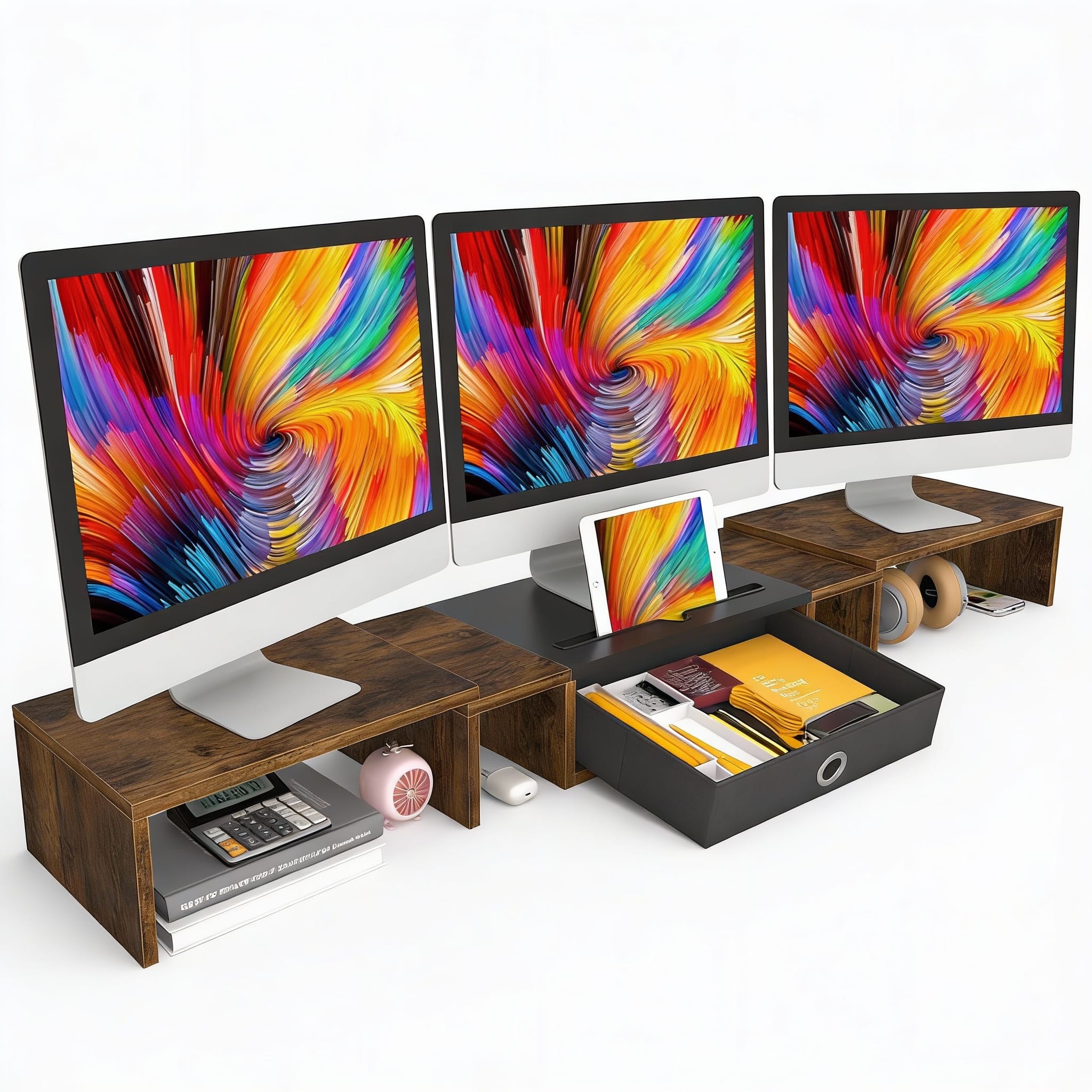 Frangdom - Triple Monitor Stand Riser Drawer Adjustable 2-3 Screens - Large-brown