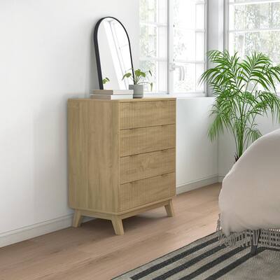 HOMCOM Fluted Dresser for Bedroom with 4 Drawers, Chest of Drawers with Gold Finger Pulls and 4 Wood Legs, Natural Wood HOMCOM Fluted Dresser for Bedroom with 4 Drawers, Chest of Drawers with Gold Finger Pulls and 4 Wood Legs, Natural Wood