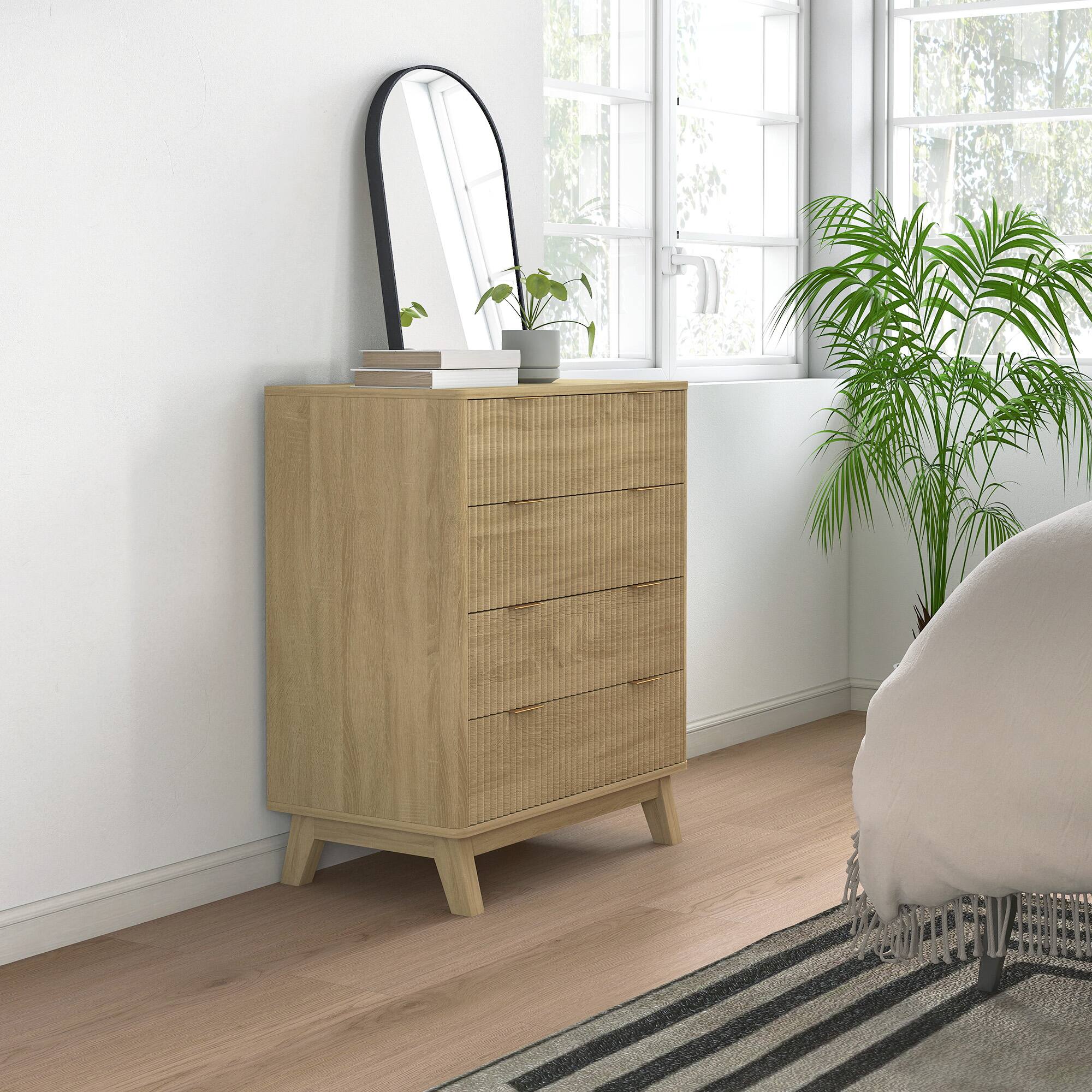 Alt View 8. Homcom - Fluted Dresser for Bedroom with 4 Drawers, 28" Wide Chest of Drawers with Gold Finger Pulls and 4 Wood Legs - Natural Wood.