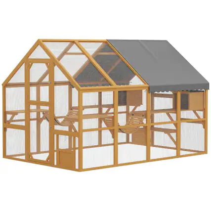 Front. PULUZ - Wooden Catio Outdoor Cat Enclosure, Large Cat House with Waterproof Cover, 2 Condos, 6 Platforms, Bridge, Doors.