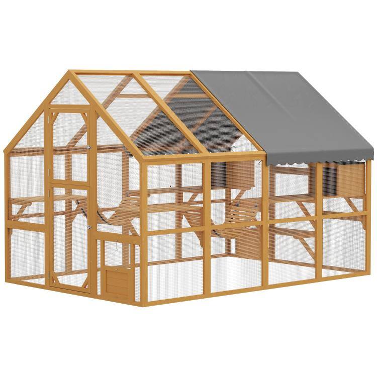 Front. PULUZ - Wooden Catio Outdoor Cat Enclosure, Large Cat House with Waterproof Cover, 2 Condos, 6 Platforms, Bridge, Doors.