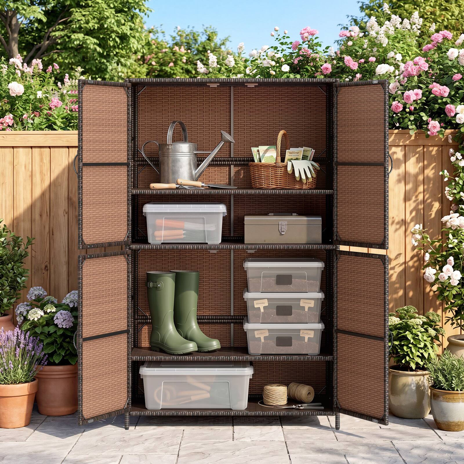 Alt View 3. Costway - Costway Outdoor Storage Cabinet with Adjustable Shelves & Anti-Toppling Device for Garden - Brown.