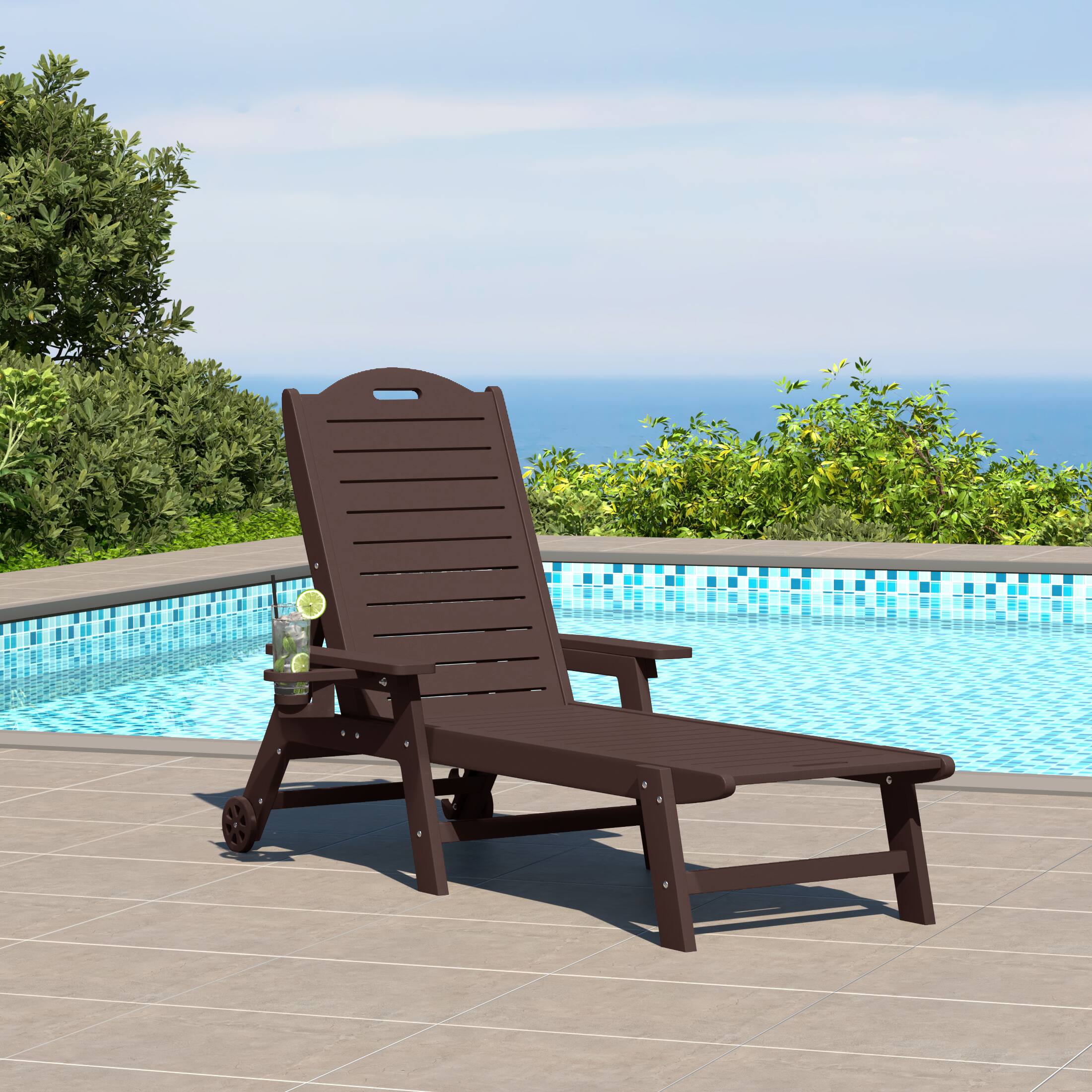 Angle. WestinTrends - WestinTrends Aruba Outdoor HDPE Patio Chaise Lounge With Wheels & Cup Holder - Dark Brown.