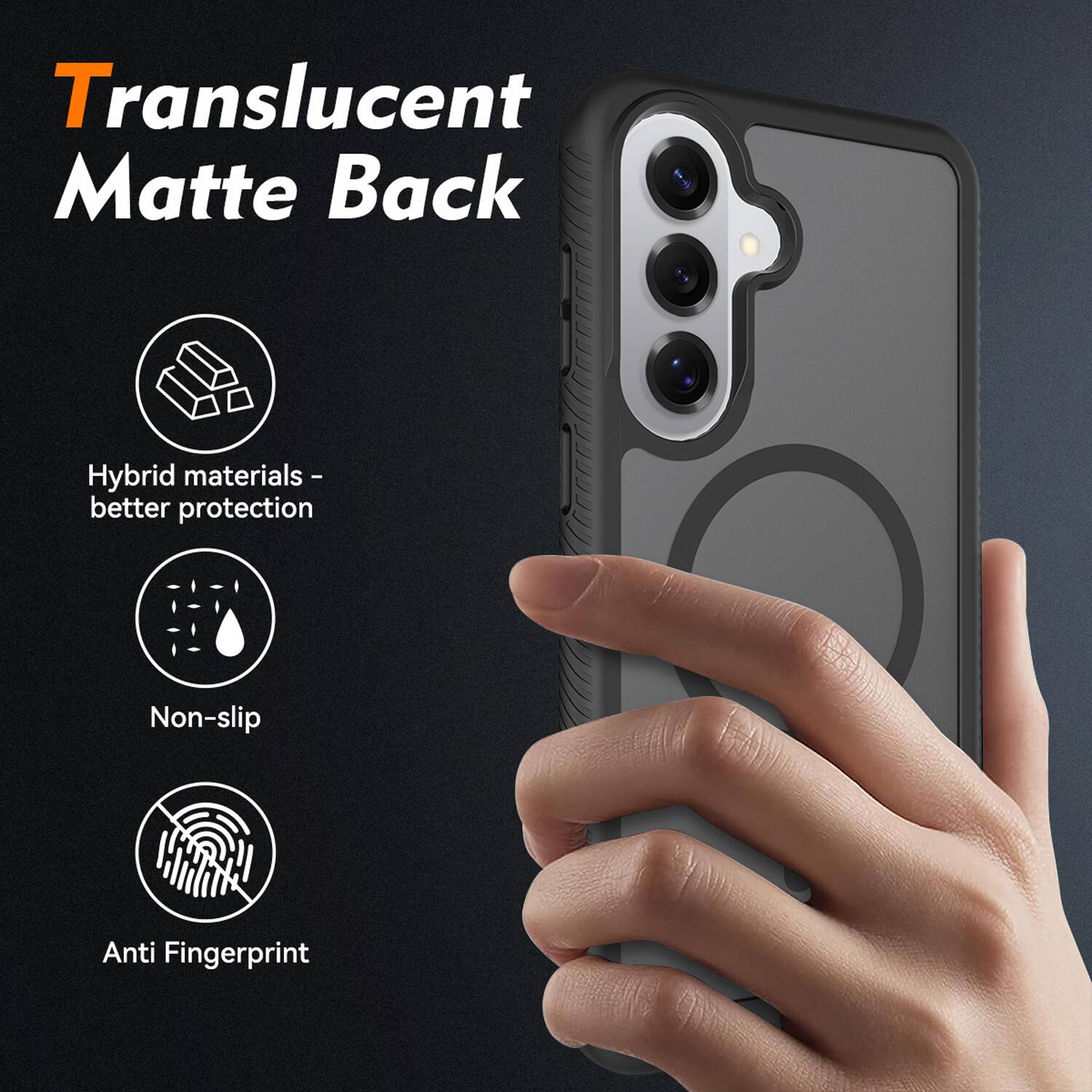 Translucent Matte Back  
Hybrid materials - better protection  
Non-slip  
Anti Fingerprint