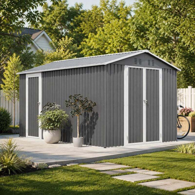 Left. RYHNUYNE - 8x12 ft Metal Shed Side Door Double Front Doors Aluminum Frame Sloped Roof Vents - Gray.