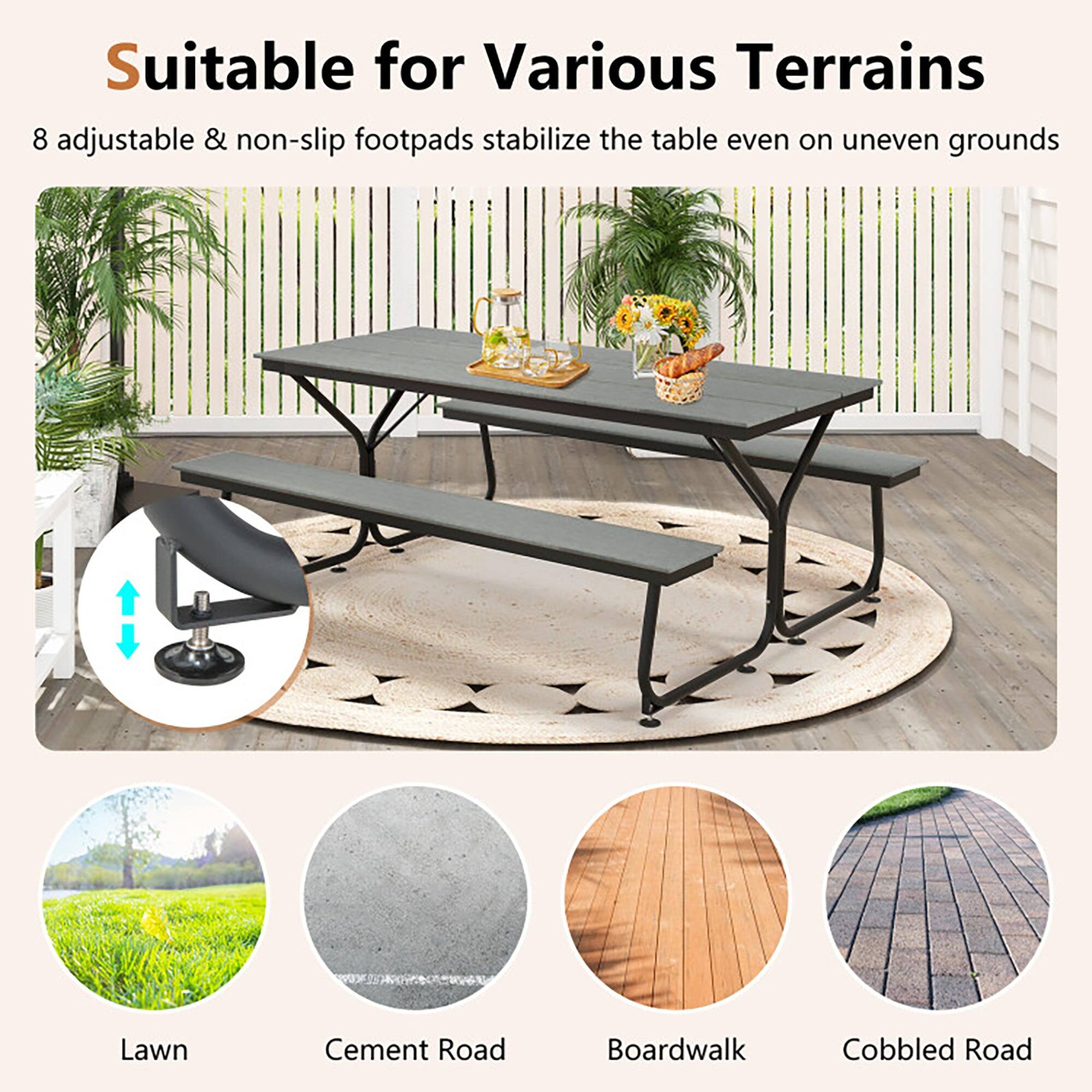 Suitable for Various Terrains

8 adjustable & non-slip footpads stabilize the table even on uneven grounds

Lawn  
Cement Road  
Boardwalk  
Cobbled Road