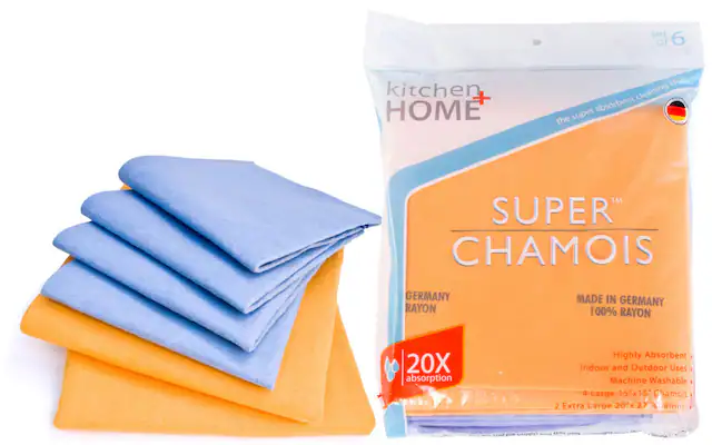 Set of 6 Kitchen + Home Super Absorbent Cleaning Cloths
SUPER CHAMOIS
Made in Germany
100% Rayon
20X Absorption
Highly Absorbent
Indoor and Outdoor Uses
Machine Washable
4 Large 15"x15" Chamois
2 Extra Large 20"x27" Chamois
Children, Pets, and More