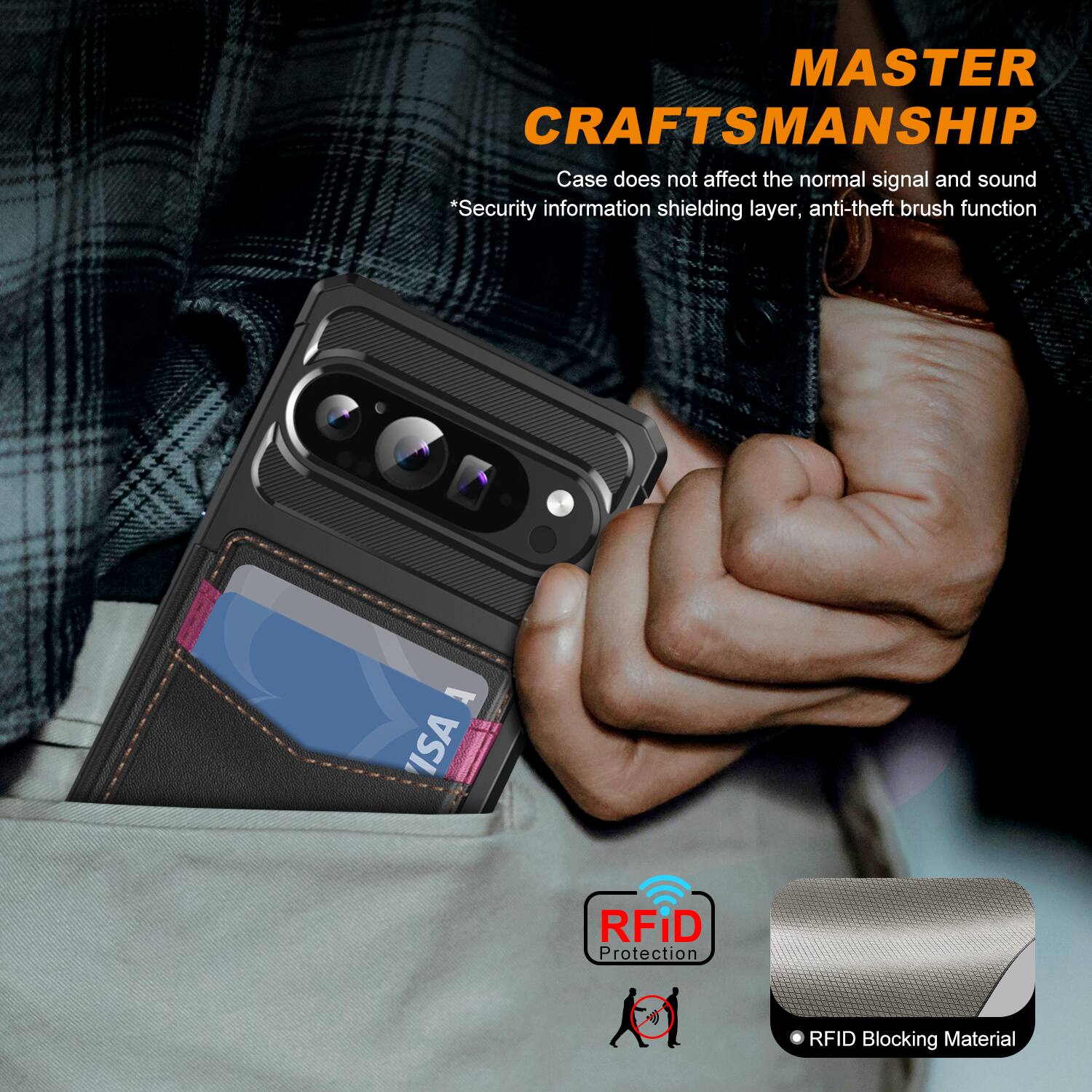 MASTER CRAFTSMANSHIP  
Case does not affect the normal signal and sound  
*Security information shielding layer, anti-theft brush function  
ISA RFID Protection  
RFID Blocking Material