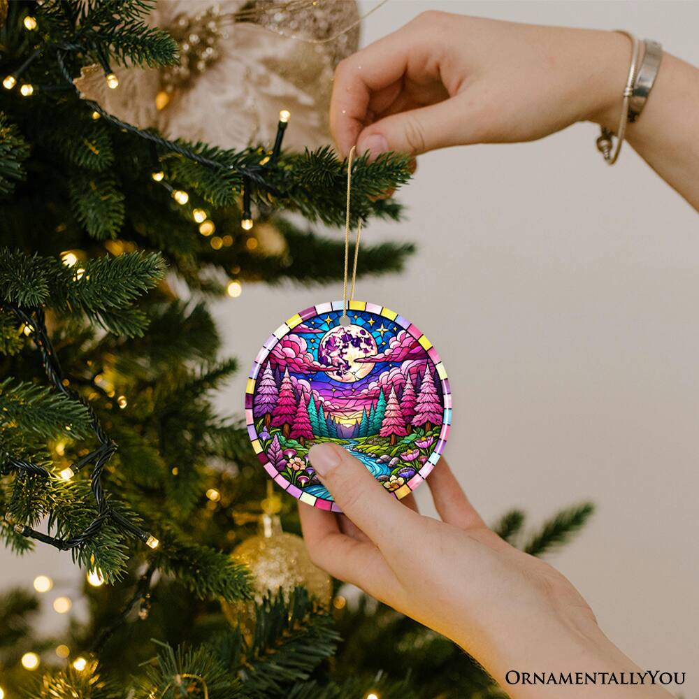 Alt View 1. OrnamentallyYou - Enchanted Forest Glow Pink Themed Ornament Mystical Moonlit Landscape Gift and Decor - Multi-colored.