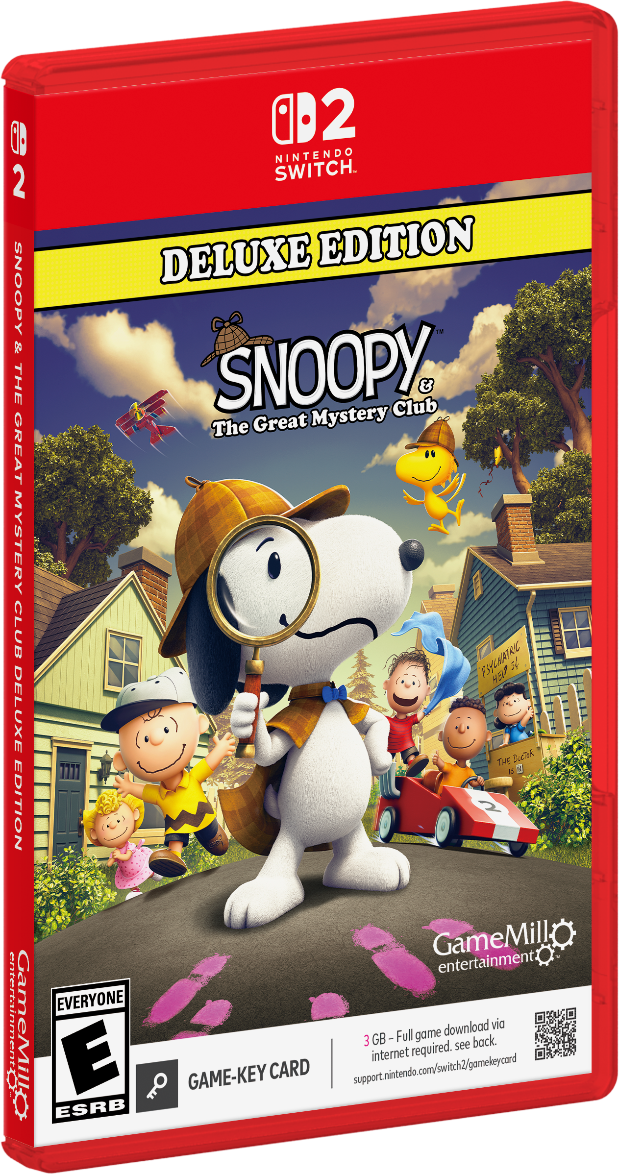 Nintendo Switch. Deluxe Edition  
Snoopy & The Great Mystery Club  
GameMill Entertainment  
Everyone  
3 GB - Full game download via internet. See back.  
GAME-KEY CARD  
support.nintendo.com/switch2/gamekeycard  
ESRB