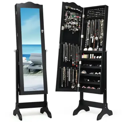 Front. Costway - Mirrored Jewelry Cabinet Mirror Organizer Storage Box Stand - Black.