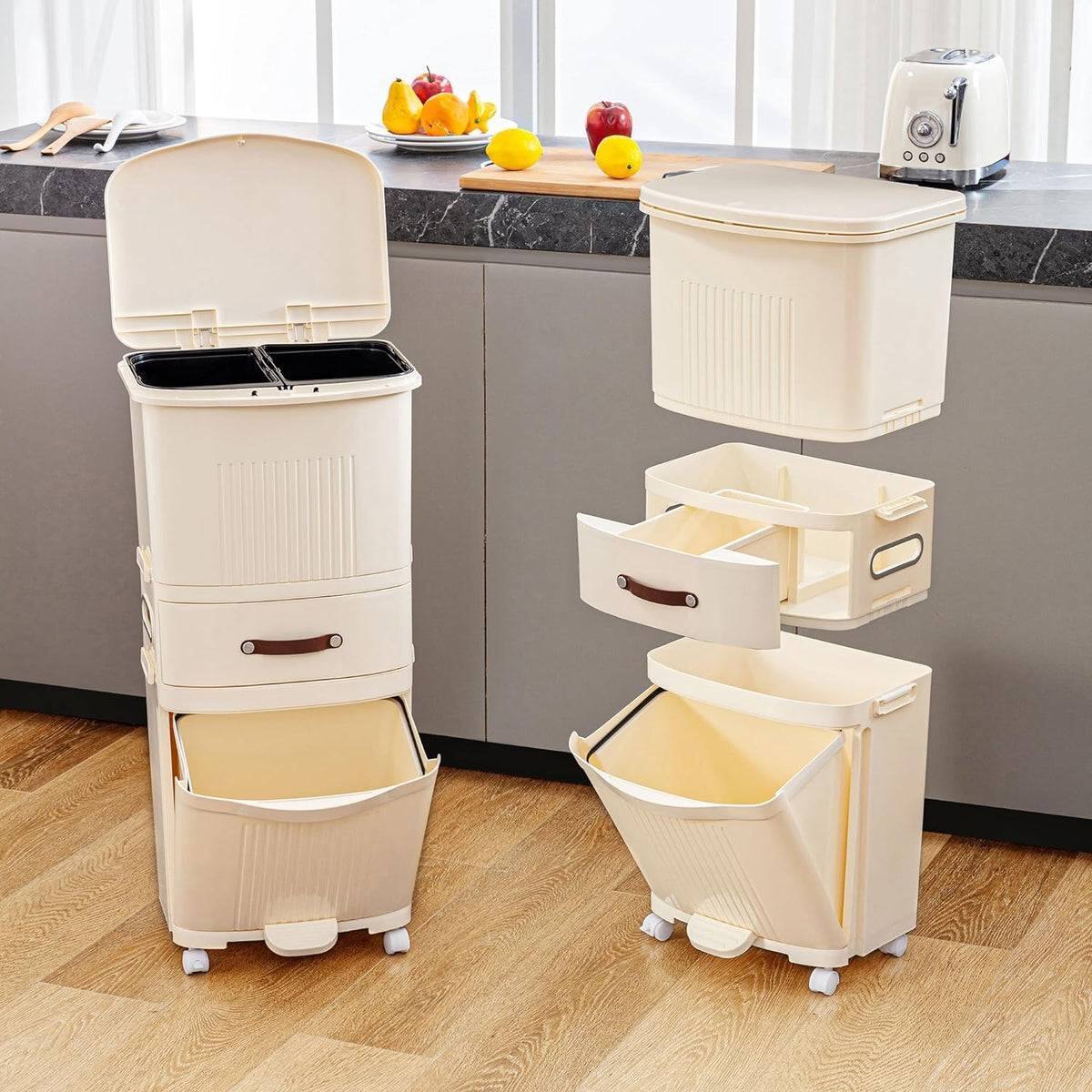 Angle. Hivvago - 12-Gallon Elevated Trash Can Recycle Bin with Lid on Wheels in Cream - Cream.