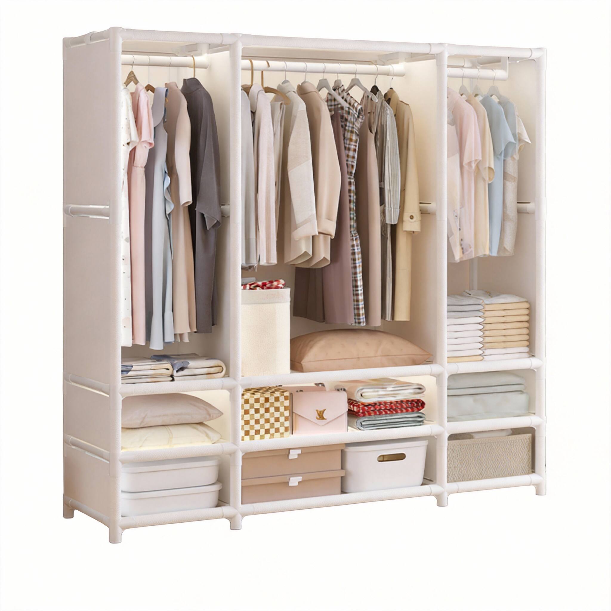 Left. PO3TICJUNKI3 - Portable Closet Wardrobe Heavy Duty Clothes Rack With Cover Style Garment Rods Shelves X W H - White 56.2" L.