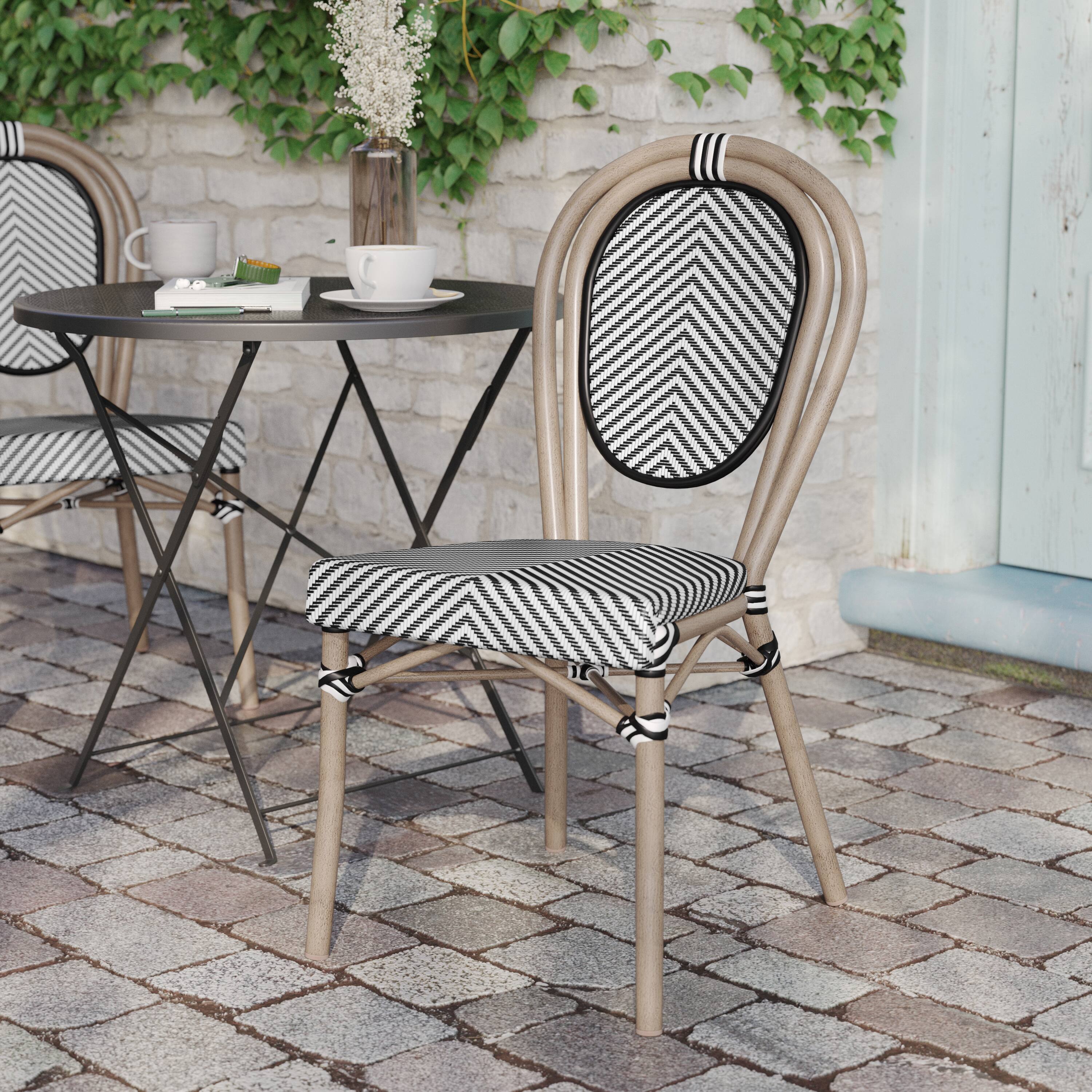 Alt View 2. Flash Furniture - Marseille Indoor/Outdoor Commercial Thonet Bistro Stacking Chair, Black/White Textilene and Bamboo Print Aluminum Frame - Black.