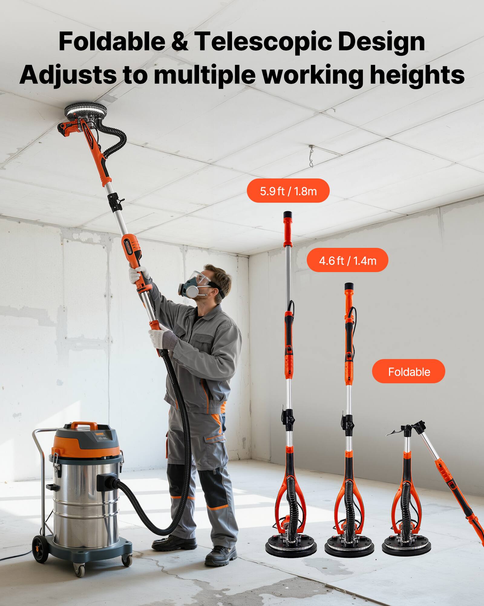 Foldable & Telescopic Design Adjusts to multiple working heights

5.9ft / 1.8m

4.6ft / 1.4m

Foldable