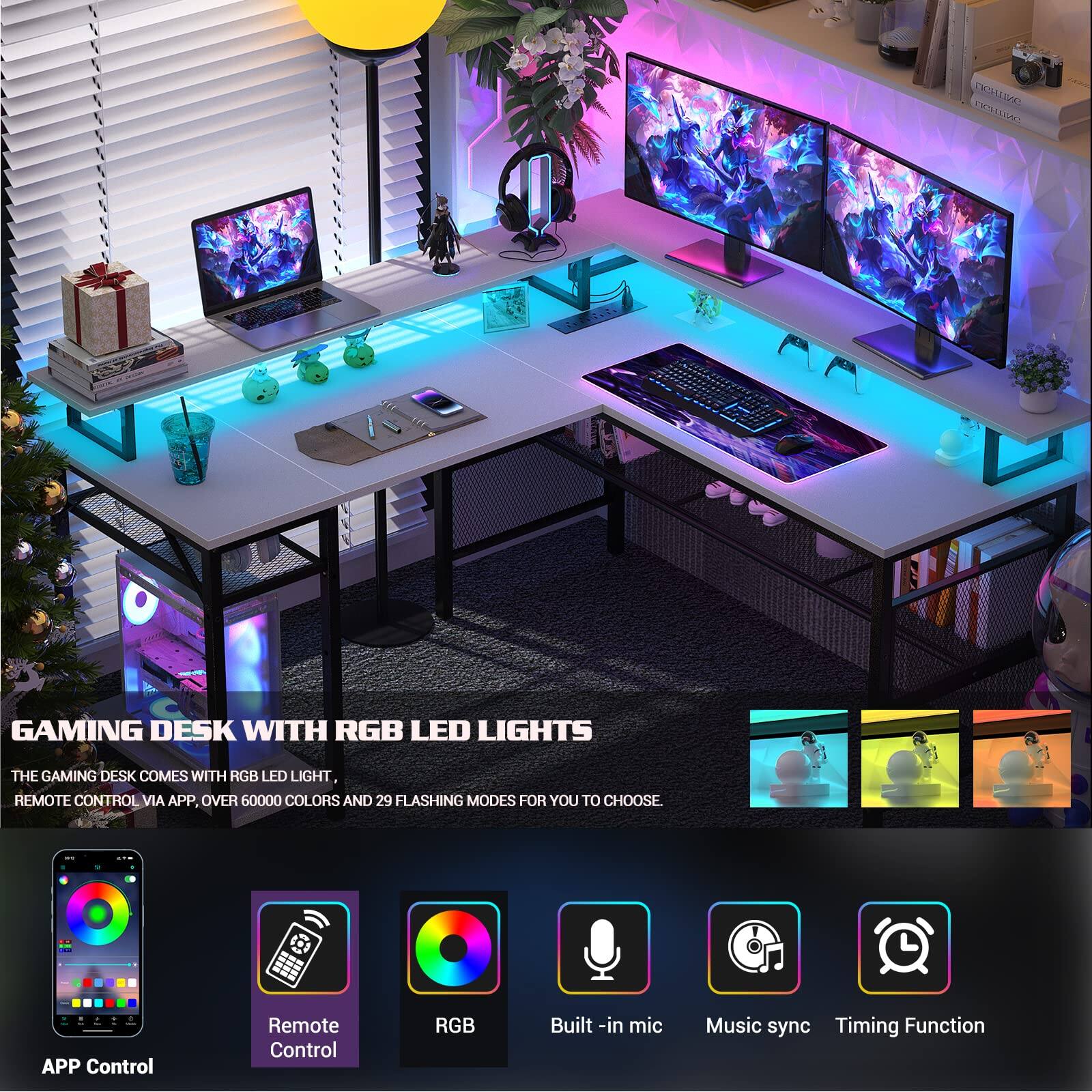 GAMING DESK WITH RGB LED LIGHTS

THE GAMING DESK COMES WITH RGB LED LIGHT, REMOTE CONTROL VIA APP, OVER 60000 COLORS AND 29 FLASHING MODES FOR YOU TO CHOOSE.

- APP Control
- Remote Control
- RGB
- Built-in mic
- Music sync
- Timing Function