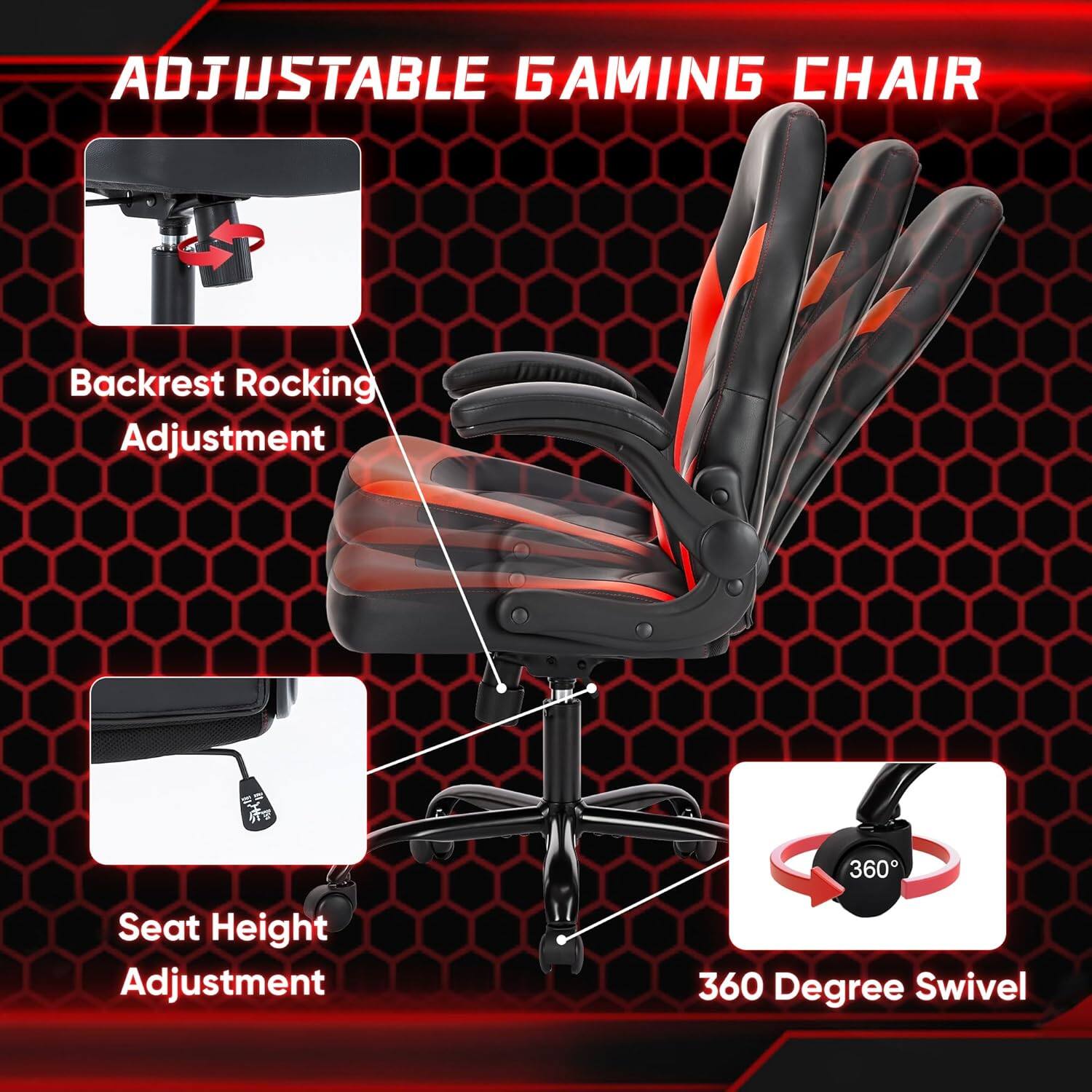 ADJUSTABLE GAMING CHAIR

- Backrest Rocking Adjustment
- Seat Height Adjustment
- 360 Degree Swivel