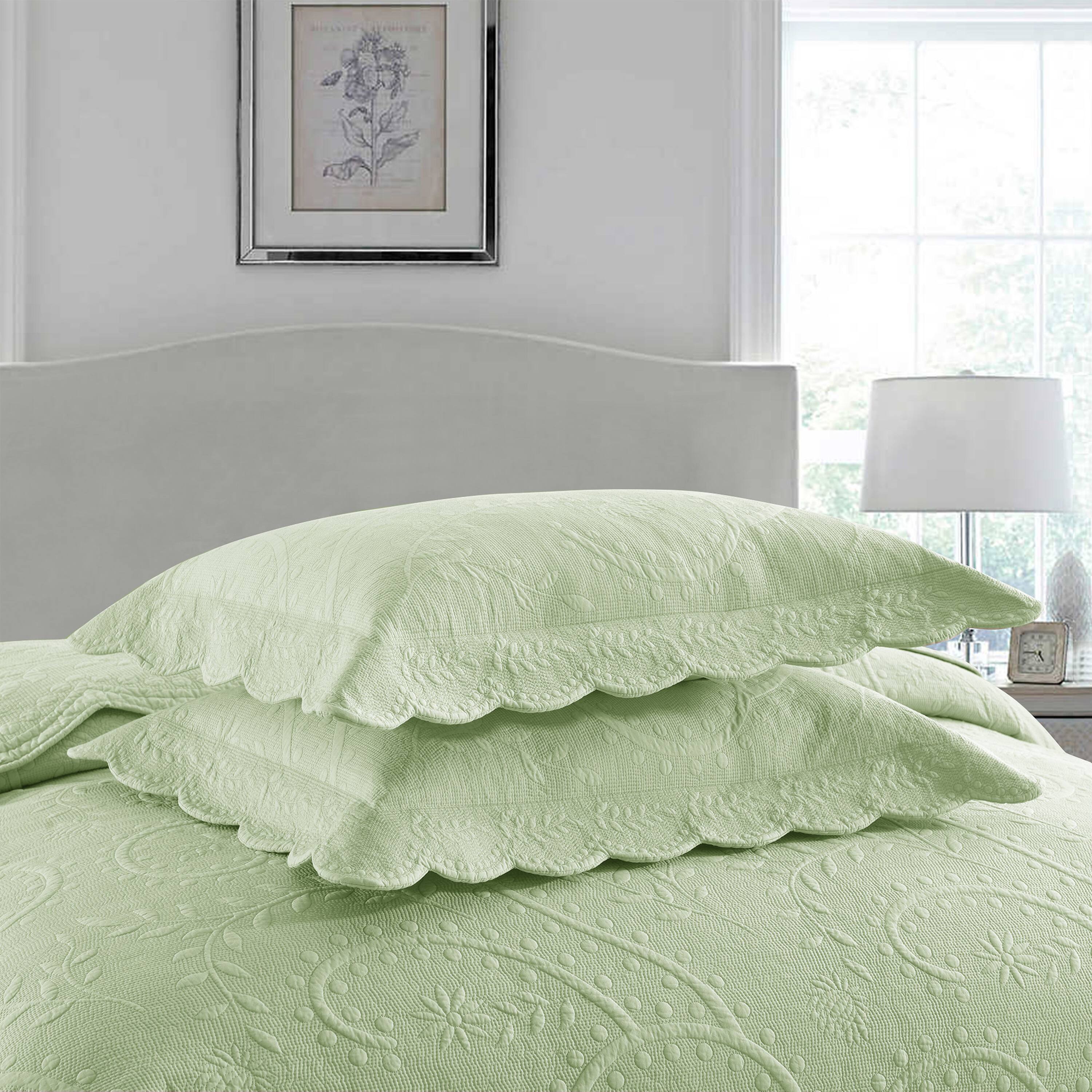 Alt View 1. MarCielo - Marcielo 3 Piece 100% Cotton Elegantly Embroidered Oversized Lightweight Quilt Set - Active Green.