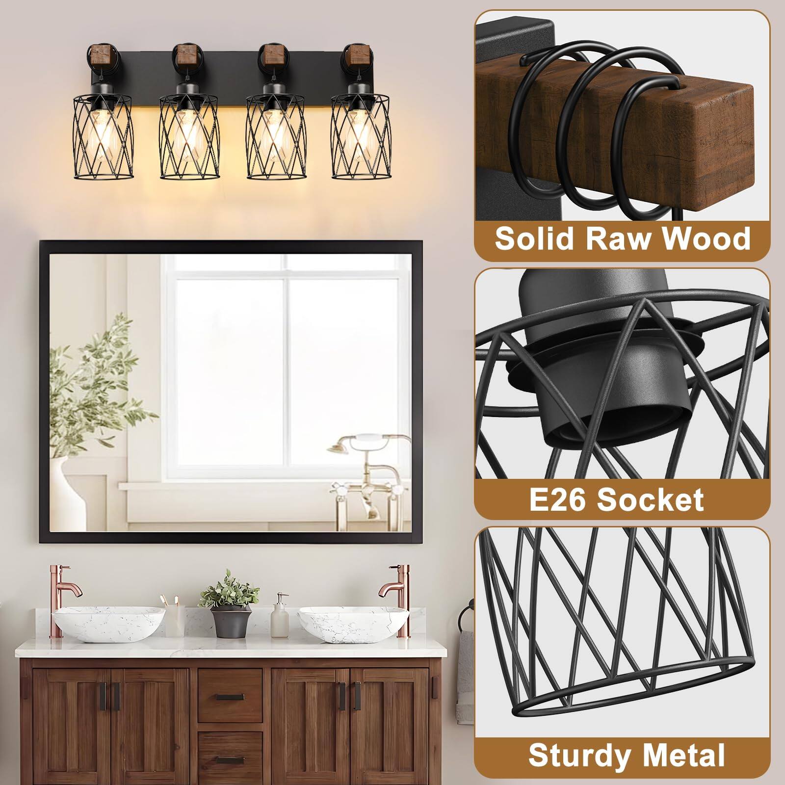 Solid Raw Wood  
E26 Socket  
Sturdy Metal