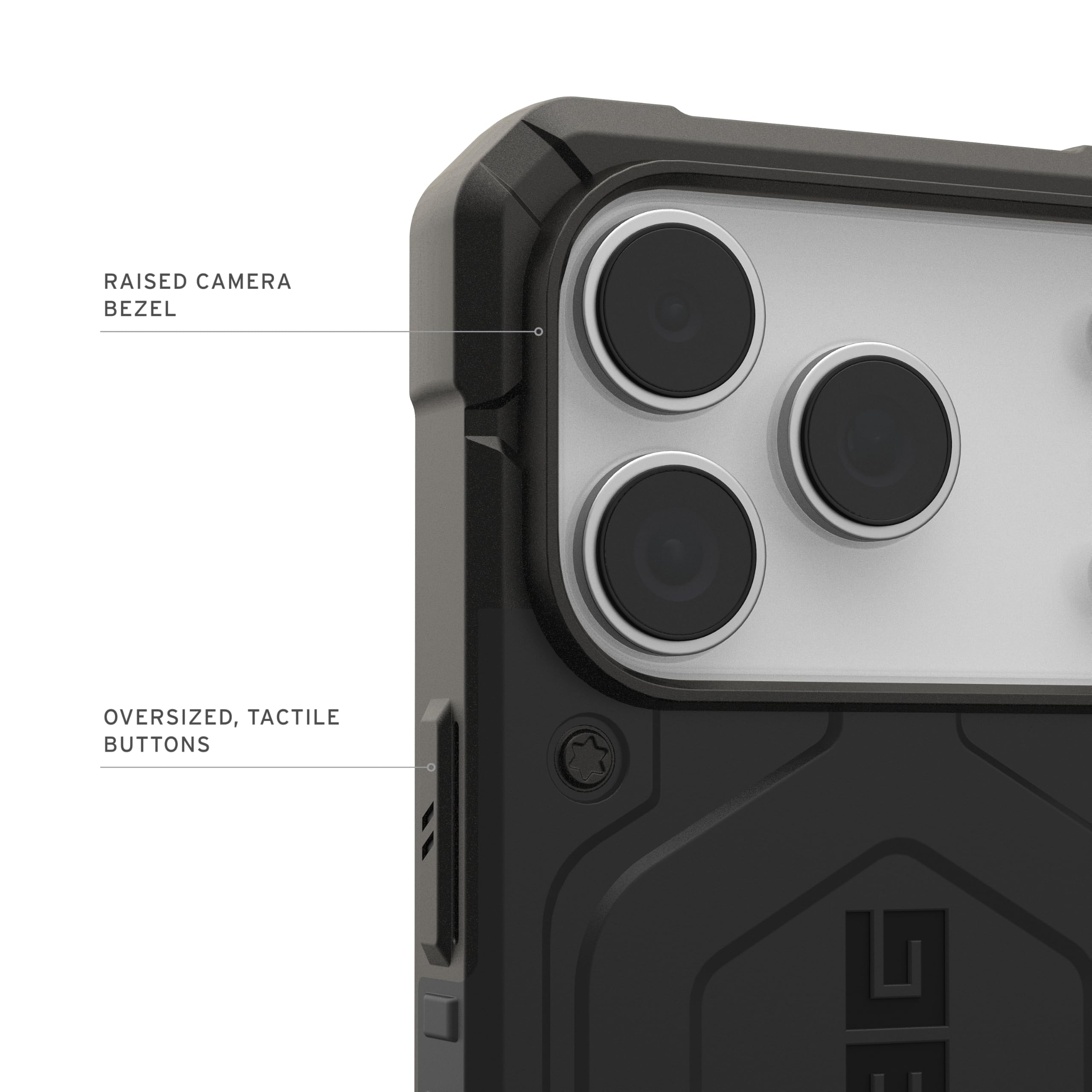 RAISED CAMERA BEZEL  
OVERSIZED, TACTILE BUTTONS