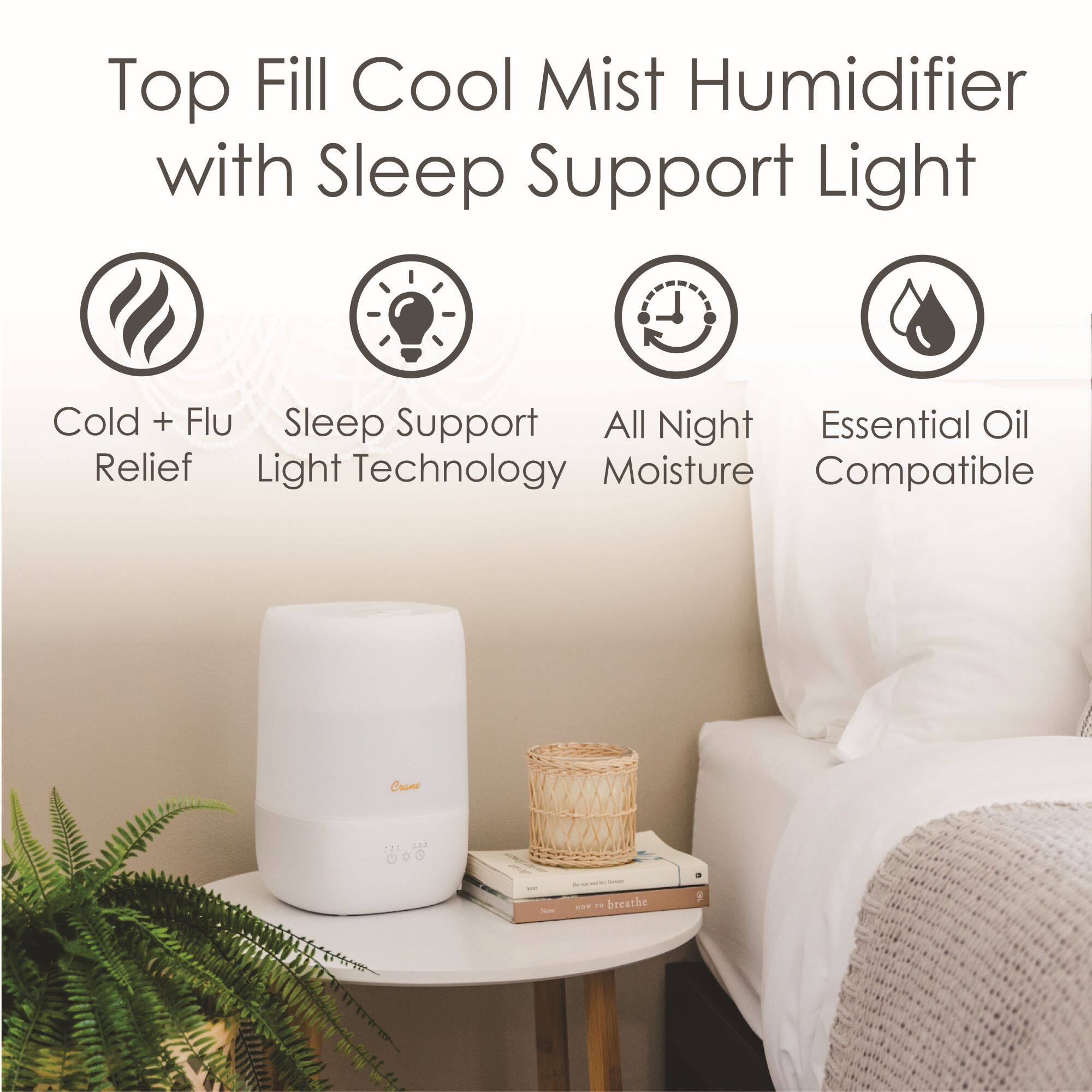 Left. CRANE - Top Fill Cool Mist Humidifier - 1 Gallon with Sleep Support Light & Essential Oil Tray - White.