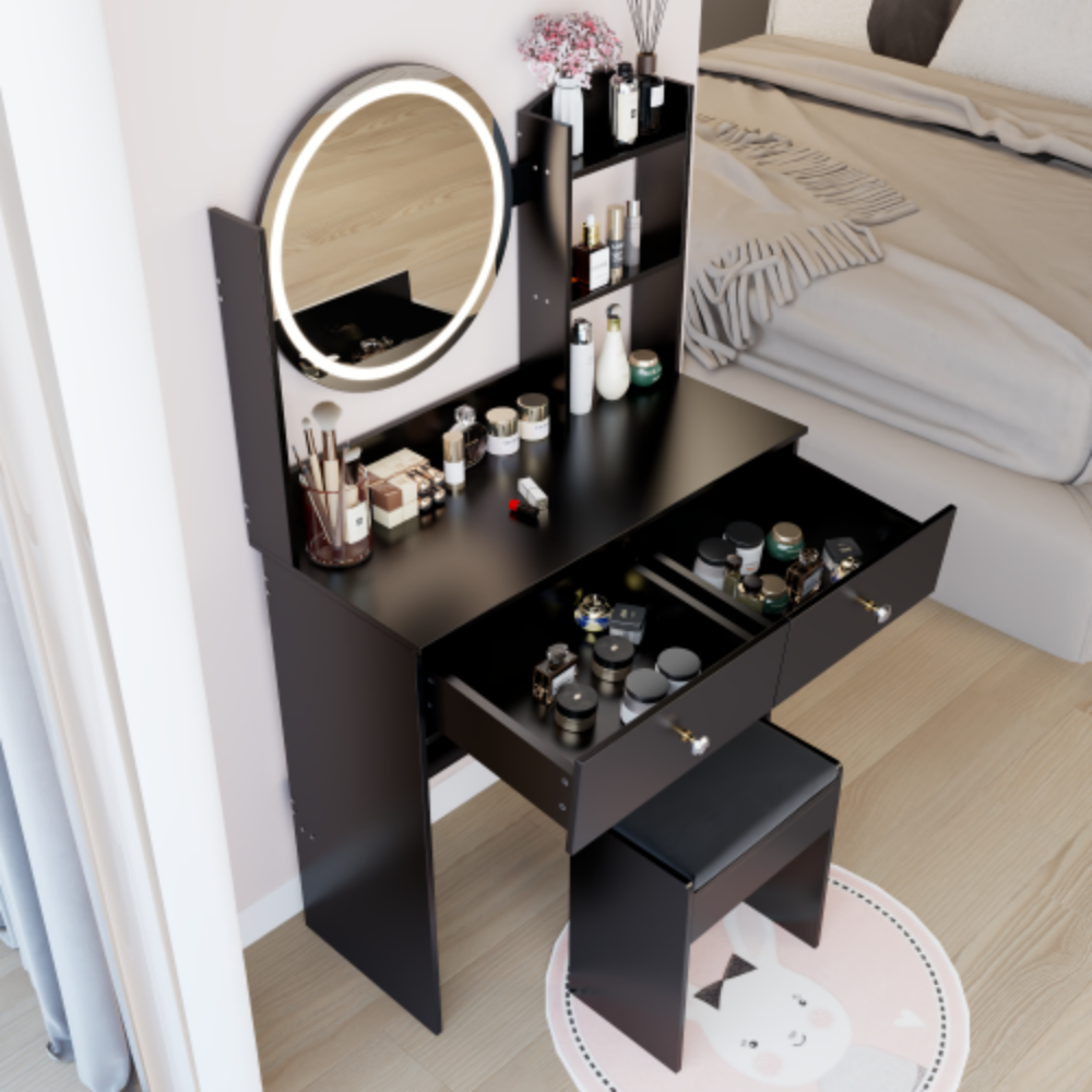 Left. LUCKY ONE - 17in Round LED Mirror Vanity Set with Large Desktop, Multi-Layer Storage and Stool for Small Space - Black.