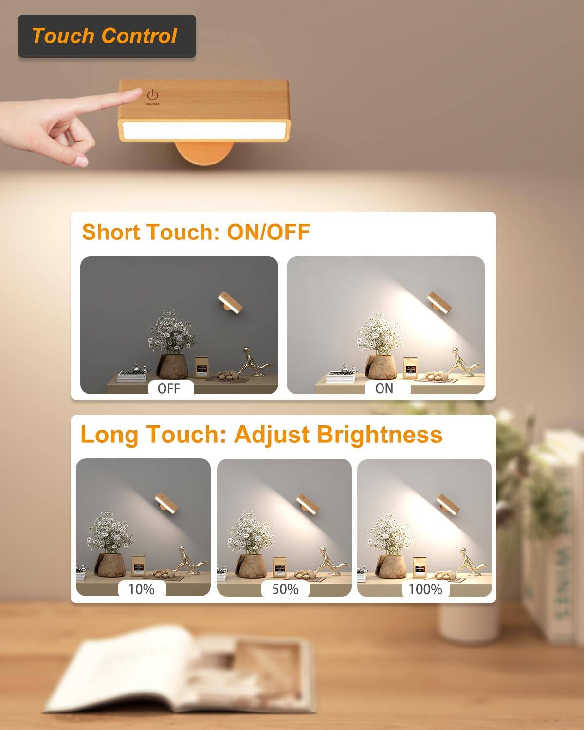 Touch Control

Short Touch: ON/OFF

Long Touch: Adjust Brightness

10% 50% 100%