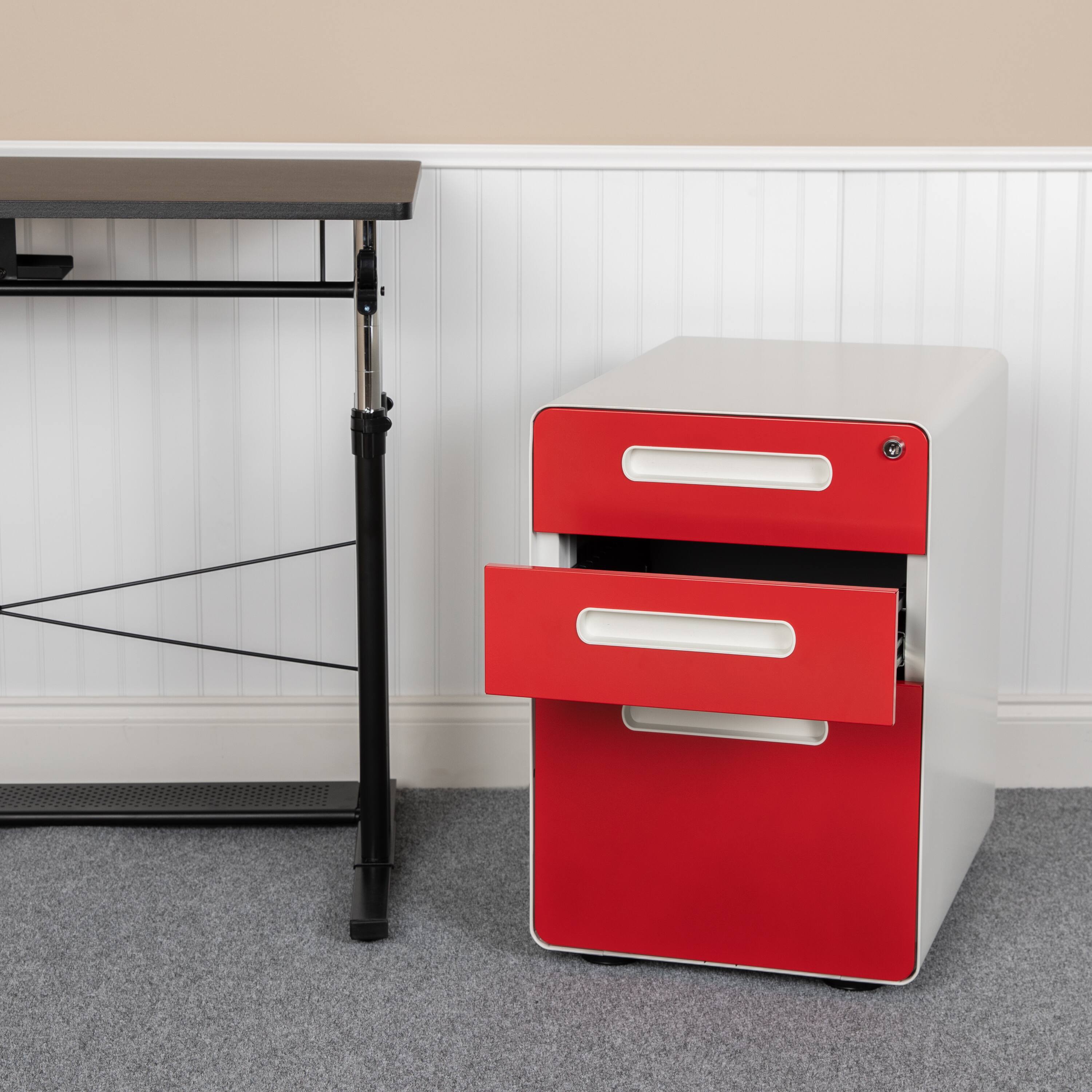 Alt View 1. Emma + Oliver - Ergonomic 3-Drawer Mobile Locking Filing Cabinet Storage Organizer - White and Red.