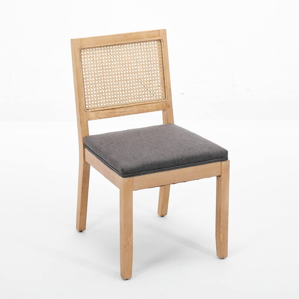 Back. Loheer - Loheer Farmhouse Rattan Dining Chairs Set of 2 Mid Century Modern Gray Kitchen Side Chairs with Solid Wood Frame - Gray.