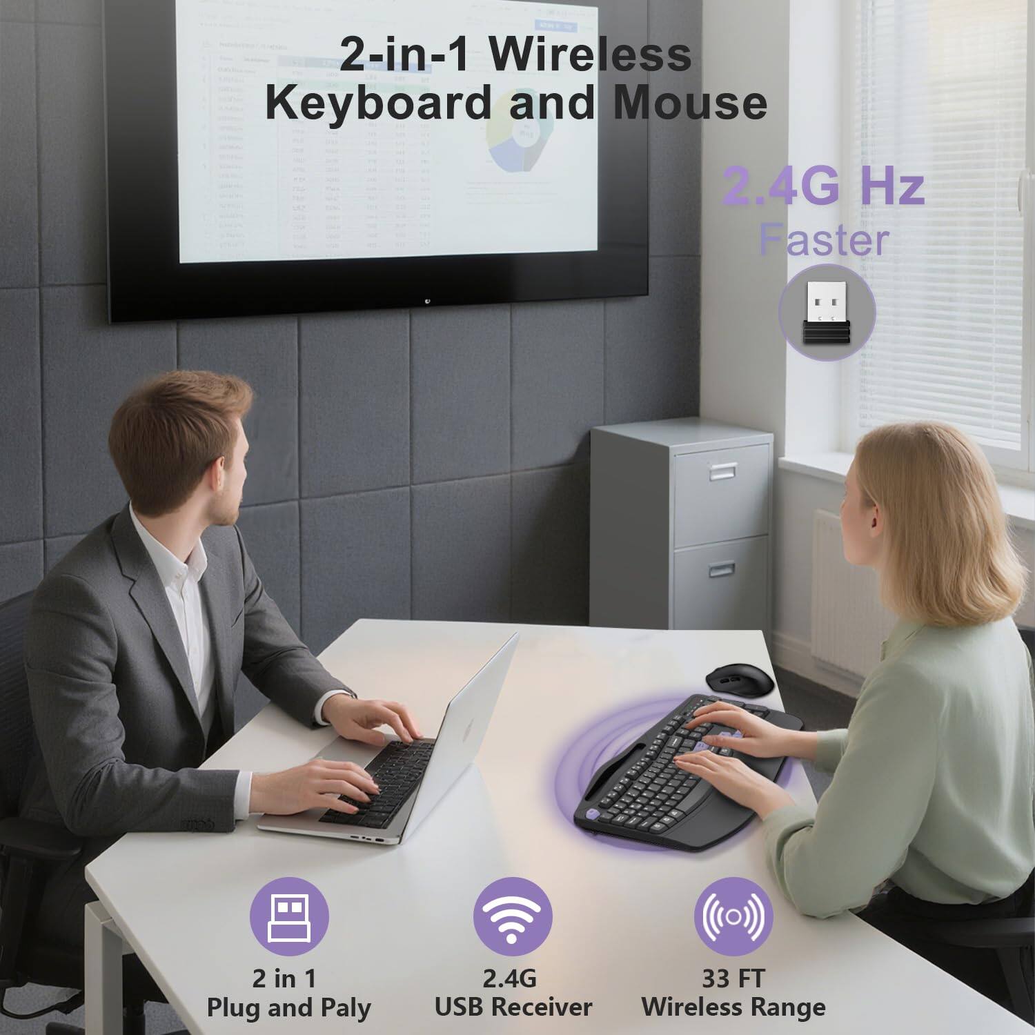 2-in-1 Wireless Keyboard and Mouse  
2.4G Hz Faster  
2 in 1 Plug and Play  
2.4G  
33 FT USB Receiver Wireless Range