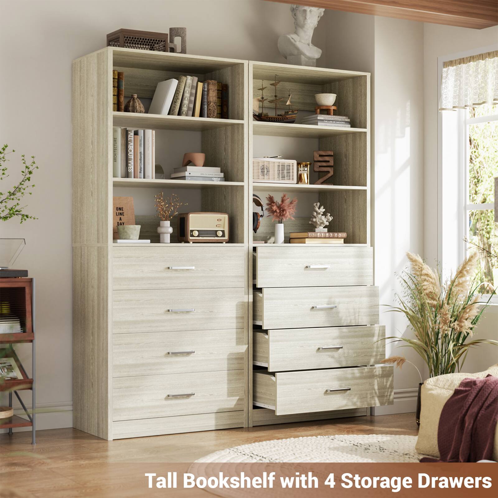 Tall Bookshelf with 4 Storage Drawers