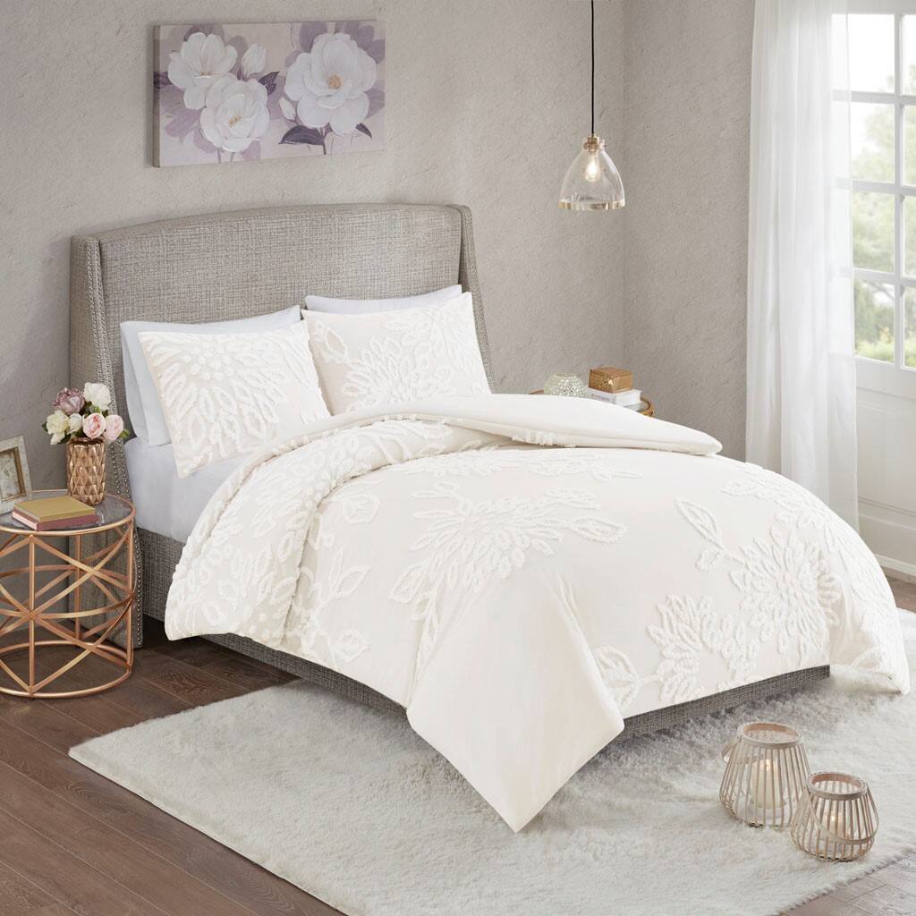 Alt View 1. Gracie Mills - Gracie Mills Anita 3-Piece Tufted Cotton Chenille Floral Duvet Cover Set - Off-White.