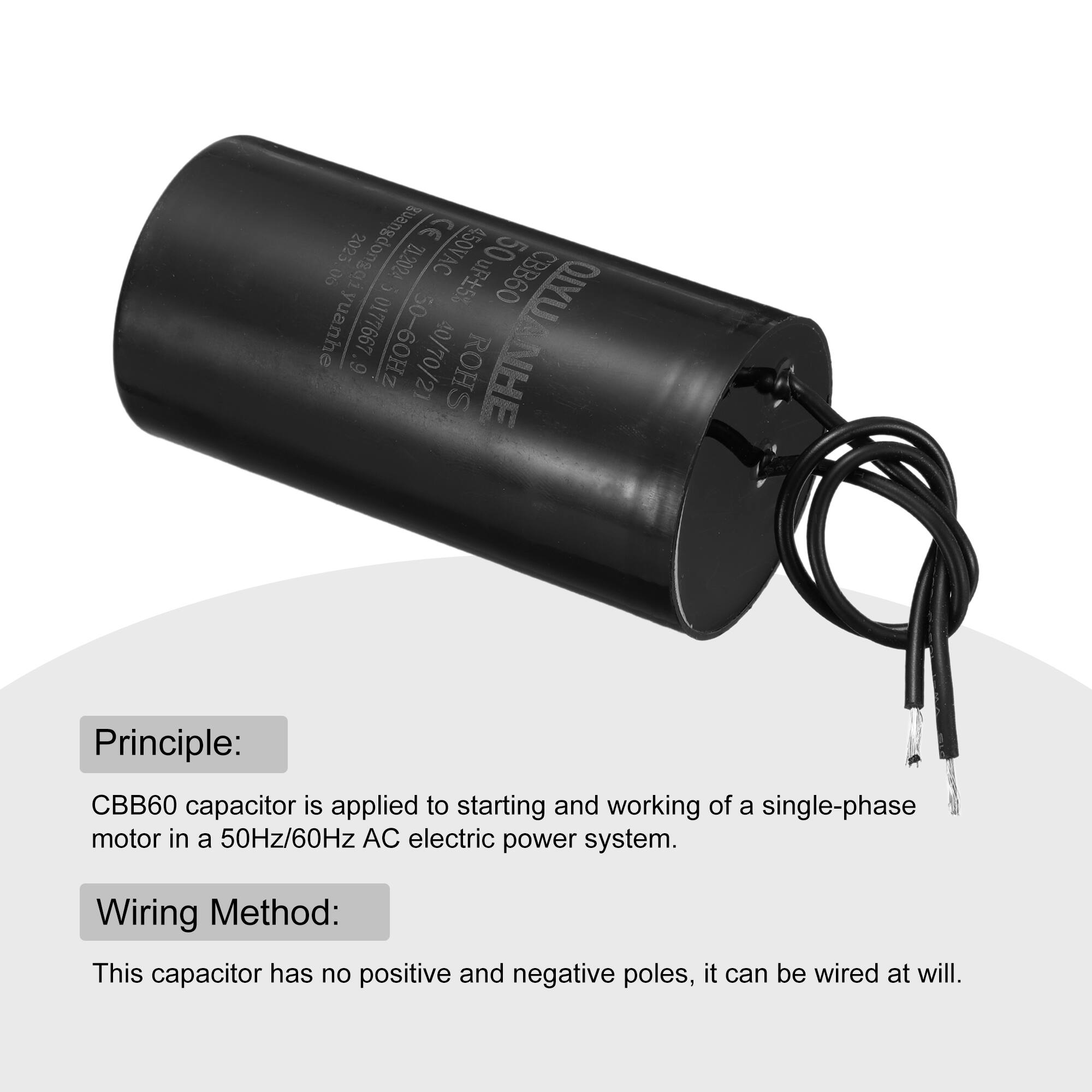 2025 tuangdongqi CE 50 o 21.2024 450VAC CBB60 j uF5 QIYUA yuanhe 0177667 50-60Hz QYUANHE 9 40/70/21 ROHS NHE

Principle: CBB60 capacitor is applied to starting and working of a single-phase motor in a 50Hz/60Hz AC electric power system.

Wiring Method: This capacitor has no positive and negative poles, it can be wired at will.