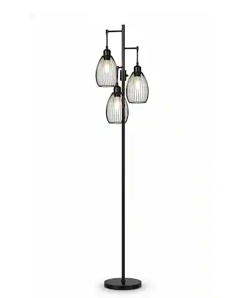Front. FINEAK - Dimmable Industrial Floor Lamp with 3 x 800LM LED Edison Bulbs - Black Farmhouse Standing Tree Lamp - Black.